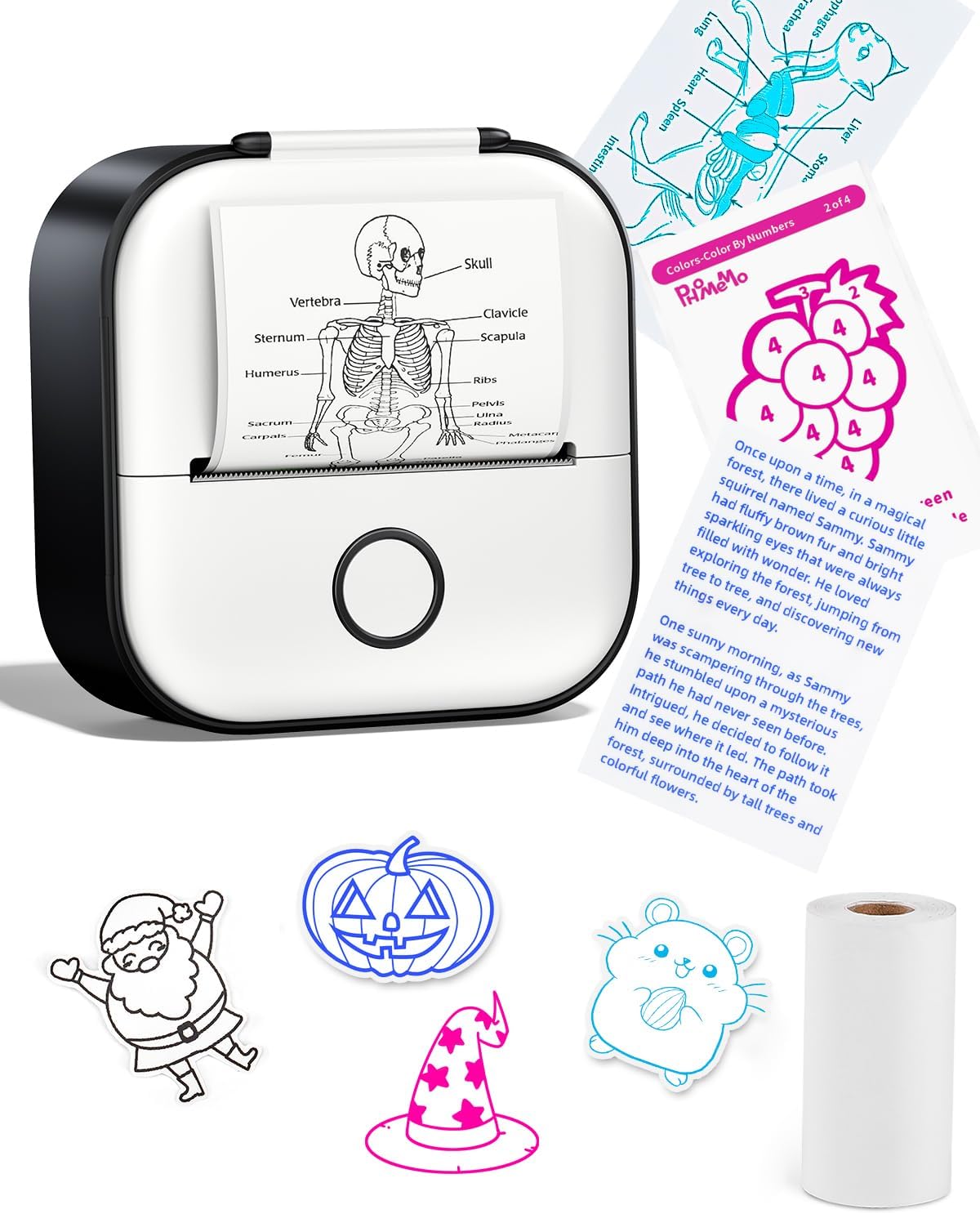 Memoking Mini Printer - Sticker Printer T02 Thermal Sticker Maker Machine Mini Portable Pocket Machine Inkless Label Maker for Anatomy Flashcard, Journal, Note, Receipt, Kids, Black