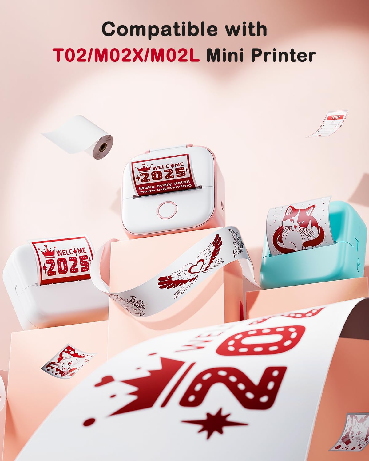 Memoking T02 / M02X / M02L Red on White Thermal Paper Roll, T02 Mini Printer Sticker Paper, T02 Sticker Paper, T02 Mini Printer Paper, T02 Printer Paper Color, 2-Year Sticky 50mm x 3.5m, 3 Rolls