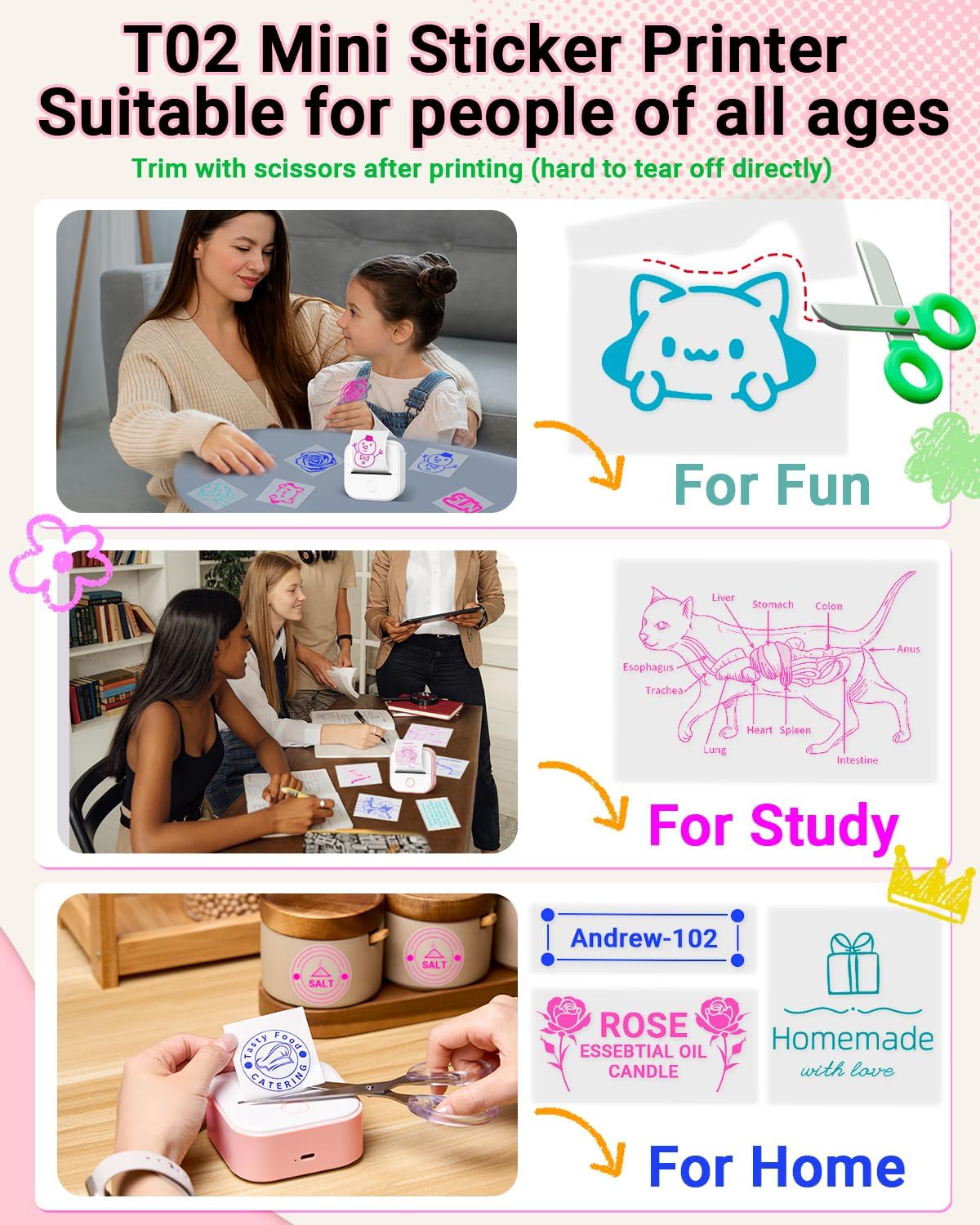 Sticker Printer - T02 Inkless Sticker Maker Machine, Mini Portable Thermal Label Maker, Pocket Memo Receipt Printer for Study Graphics, Anatomical Diagrams, Photos, Pink
