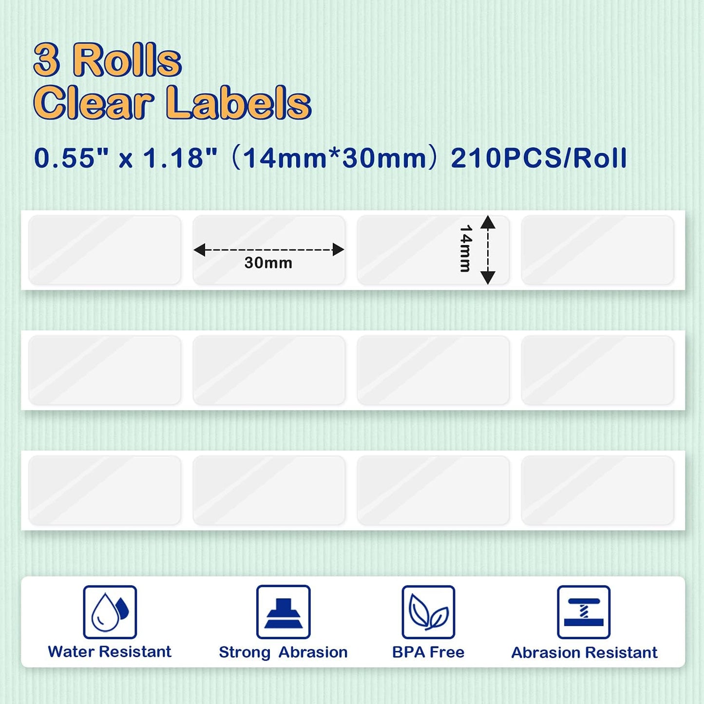 Clear D30 Label Maker Tape - Transparent D30 Label Maker Tape 14x30mm / Clear Memoking D30 Label Paper Compatible with Phomemo D30 Label Tape - 3 Rolls Clear D30 Labels (0.55x1.18,210PCS/Roll)