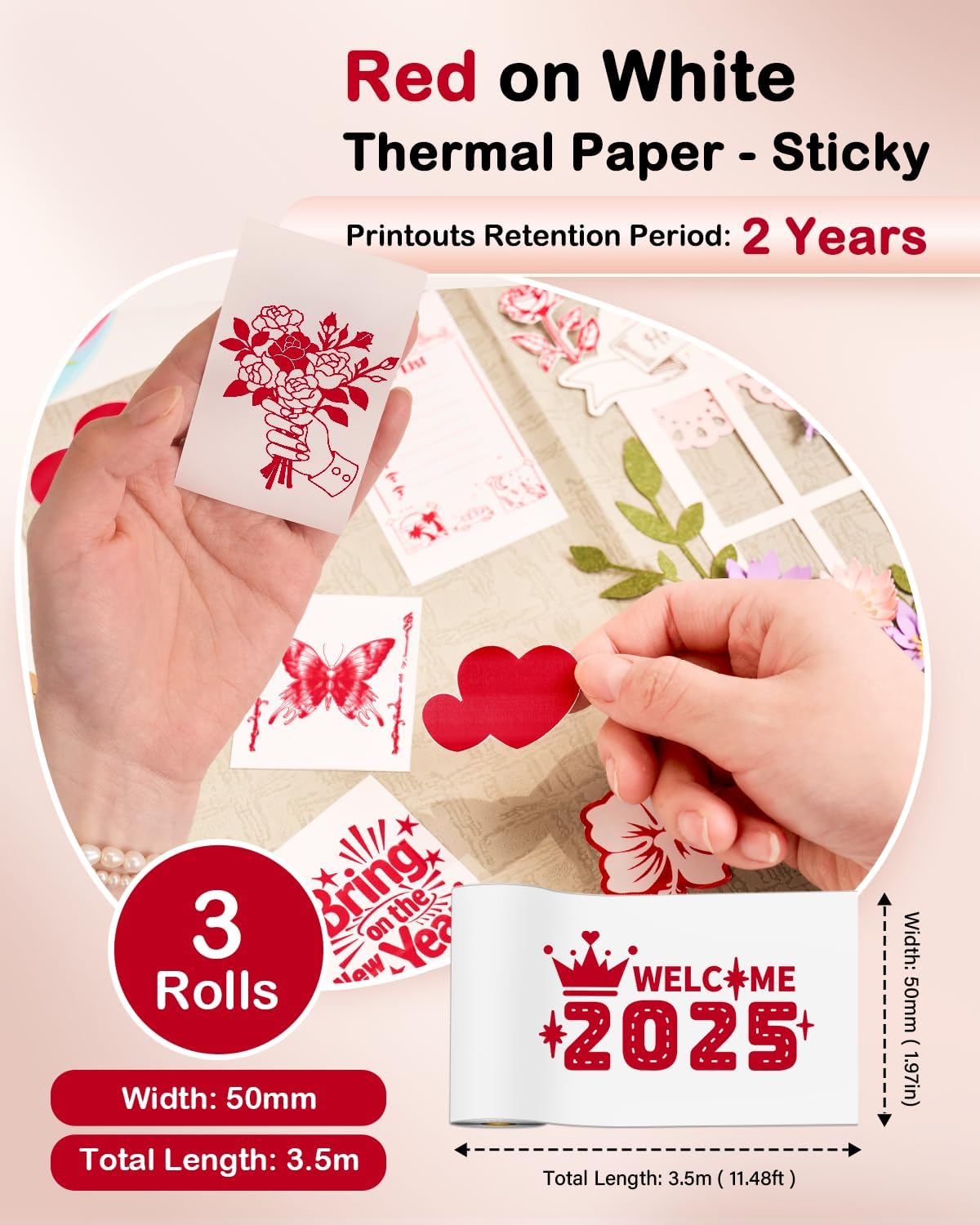 Memoking T02 / M02X / M02L Red on White Thermal Paper Roll, T02 Mini Printer Sticker Paper, T02 Sticker Paper, T02 Mini Printer Paper, T02 Printer Paper Color, 2-Year Sticky 50mm x 3.5m, 3 Rolls