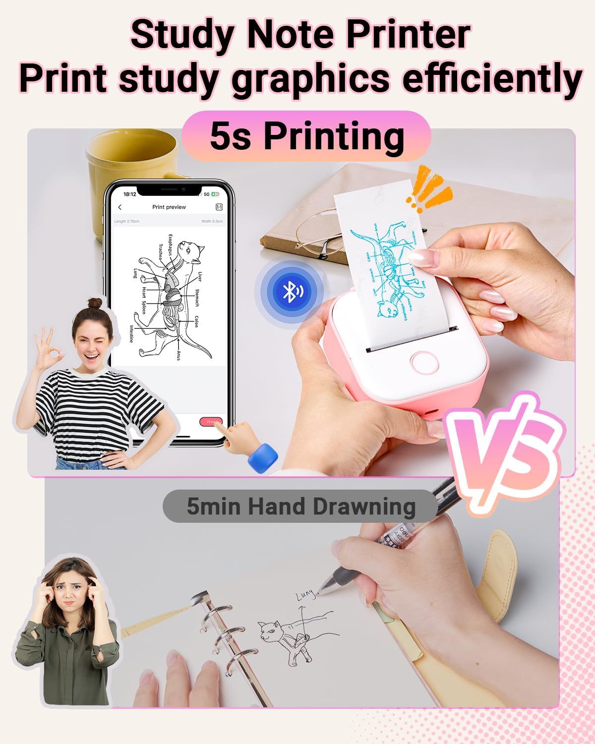 Sticker Printer - T02 Inkless Sticker Maker Machine, Mini Portable Thermal Label Maker, Pocket Memo Receipt Printer for Study Graphics, Anatomical Diagrams, Photos, Pink