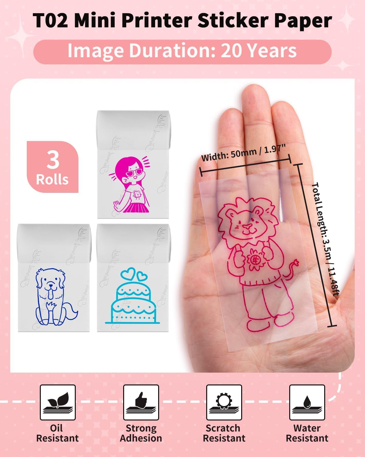 Memoking T02 Color Sticker Paper - Colorful Transparent Sticky T02 Mini Printer Sticker Paper Refill, 50 mm x 3.5 m, Keep for 20 yrs, for Journal Photo Study Notes, 3 Rolls
