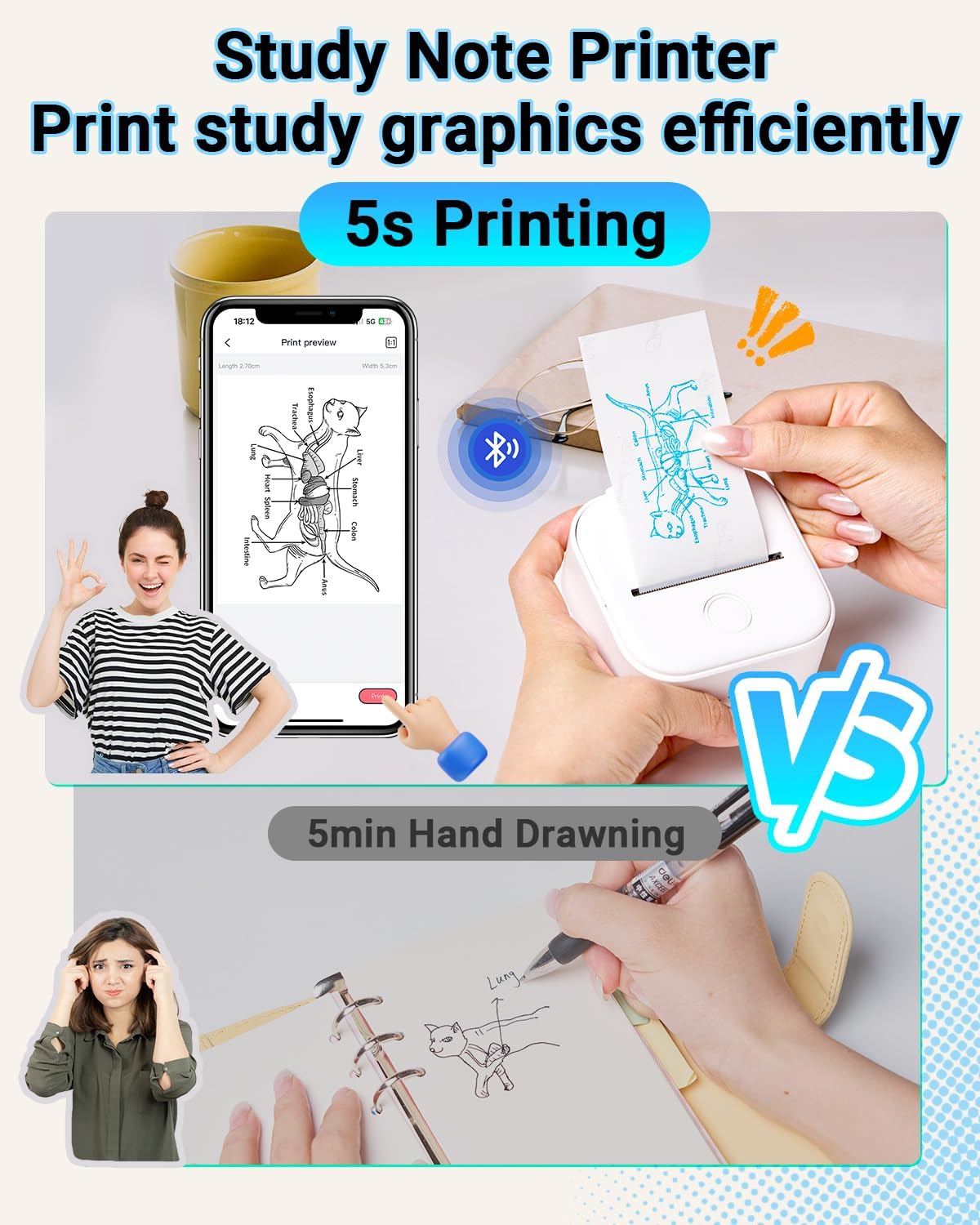 Memoking T02 Sticker Printer - Print Pods Mini Printer Portable Thermal Inkless Label Maker Pocket Phone Labeling Machine for Study Graphic, Anatomical Diagram, Receipts, Photo, White