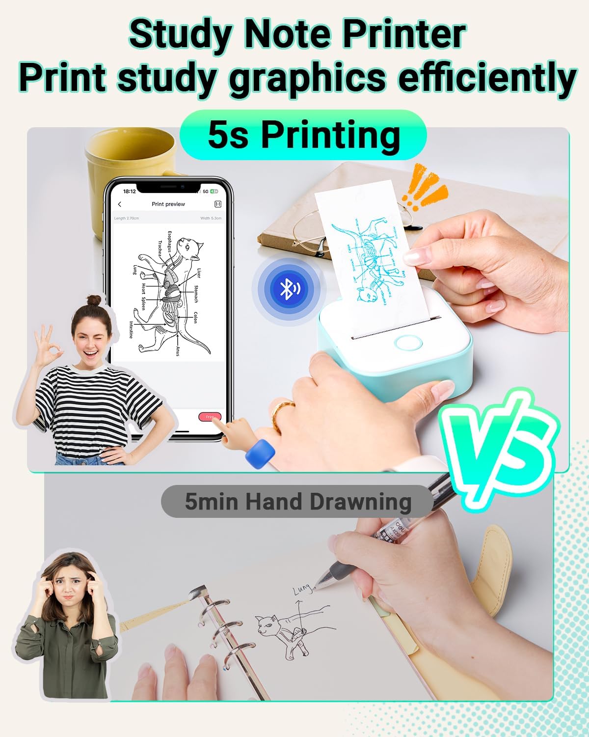 Print Pods Mini Printer - T02 Sticker Printer, Portable Thermal Inkless Label Maker Machine, Pocket Phone Adhesive Labeler for Study Graphic, Anatomical Diagram, Photo, Receipt, Green