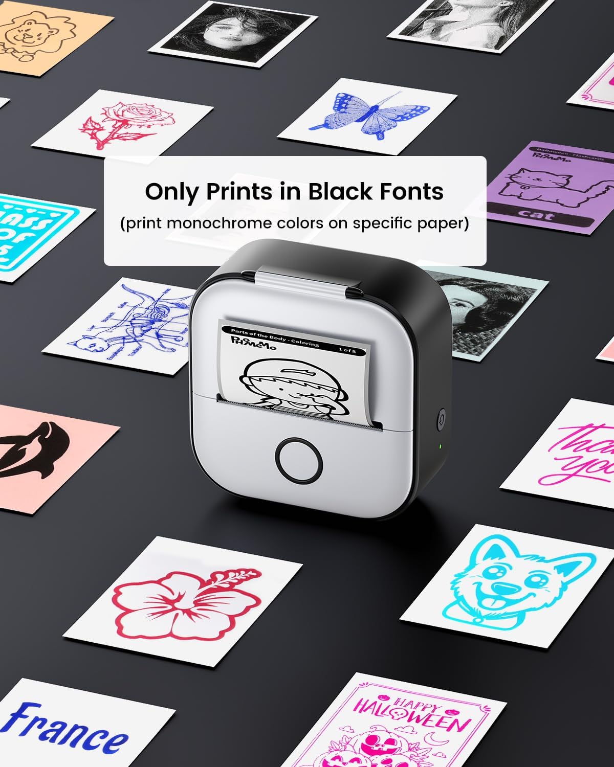 Memoking Mini Printer - Sticker Printer T02 Thermal Sticker Maker Machine Mini Portable Pocket Machine Inkless Label Maker for Anatomy Flashcard, Journal, Note, Receipt, Kids, Black