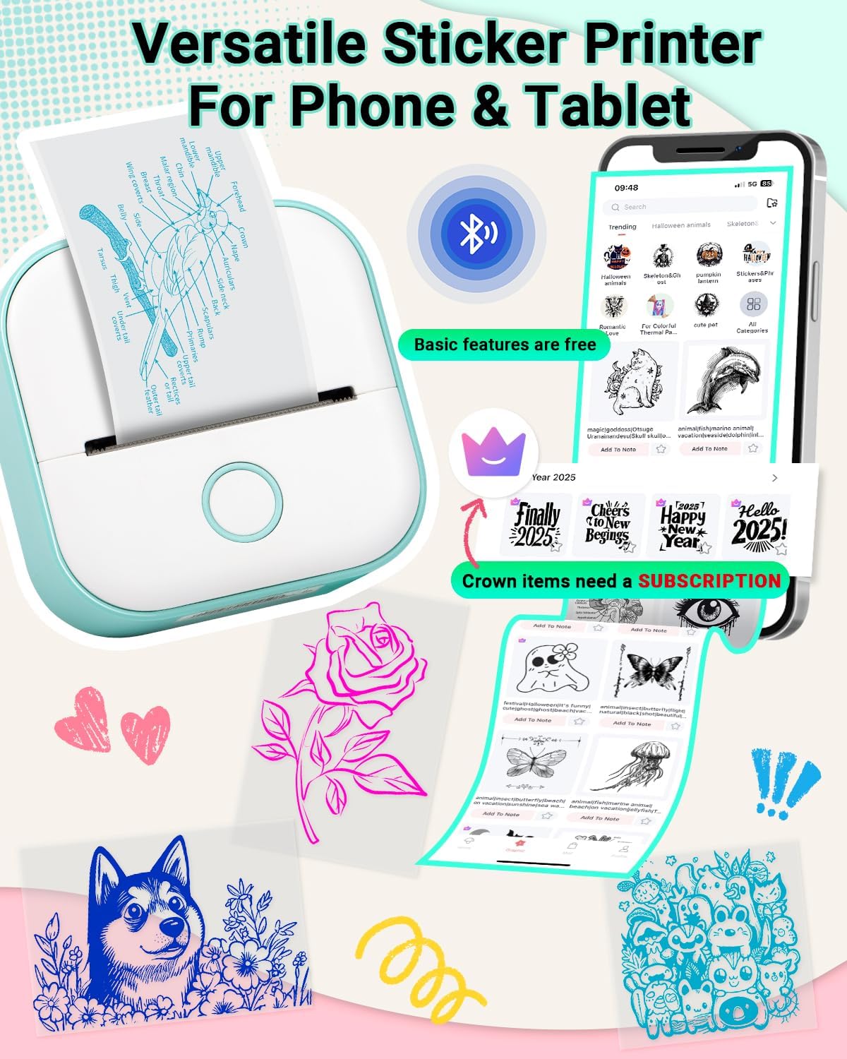 Print Pods Mini Printer - T02 Sticker Printer, Portable Thermal Inkless Label Maker Machine, Pocket Phone Adhesive Labeler for Study Graphic, Anatomical Diagram, Photo, Receipt, Green