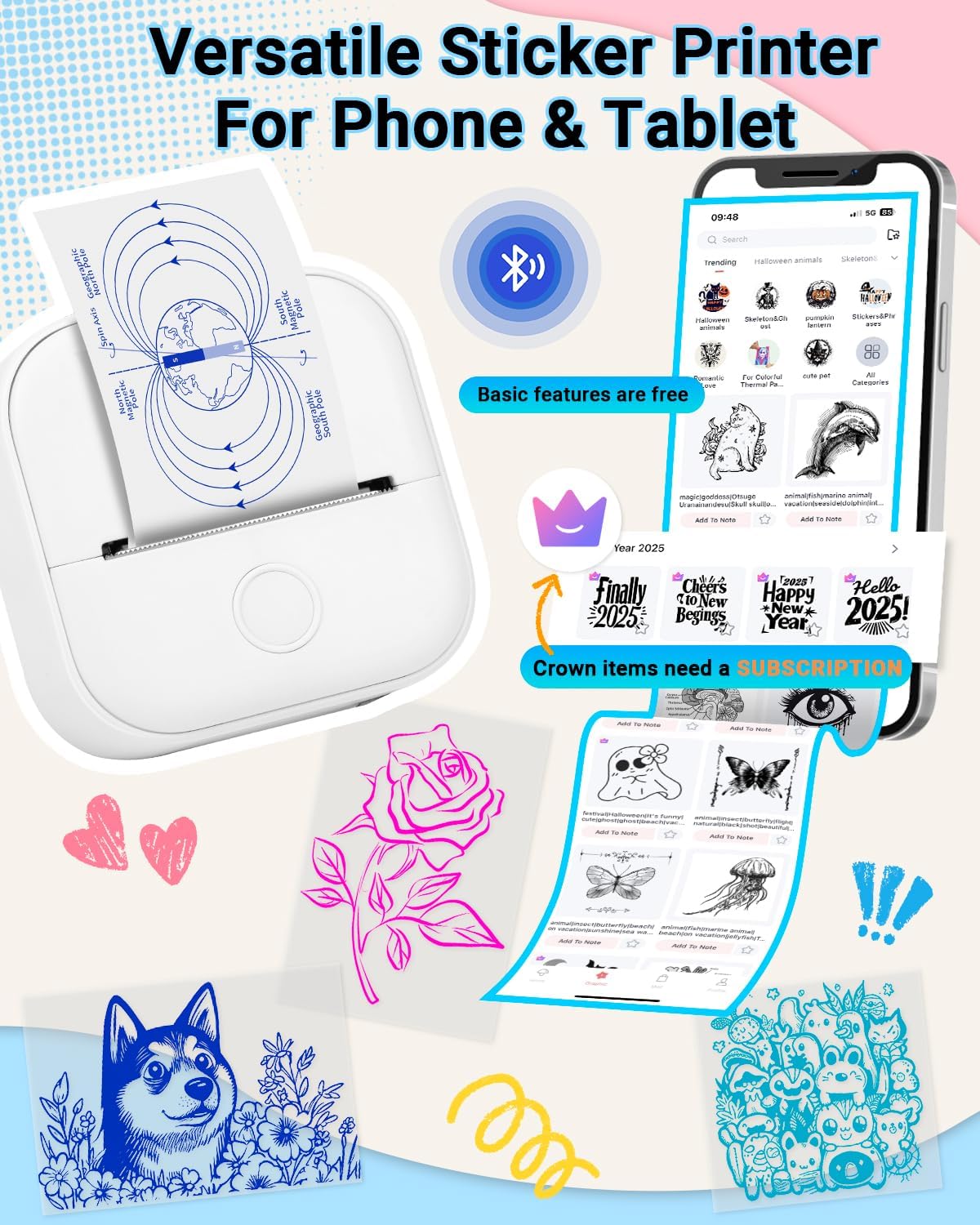 Memoking T02 Sticker Printer - Print Pods Mini Printer Portable Thermal Inkless Label Maker Pocket Phone Labeling Machine for Study Graphic, Anatomical Diagram, Receipts, Photo, White