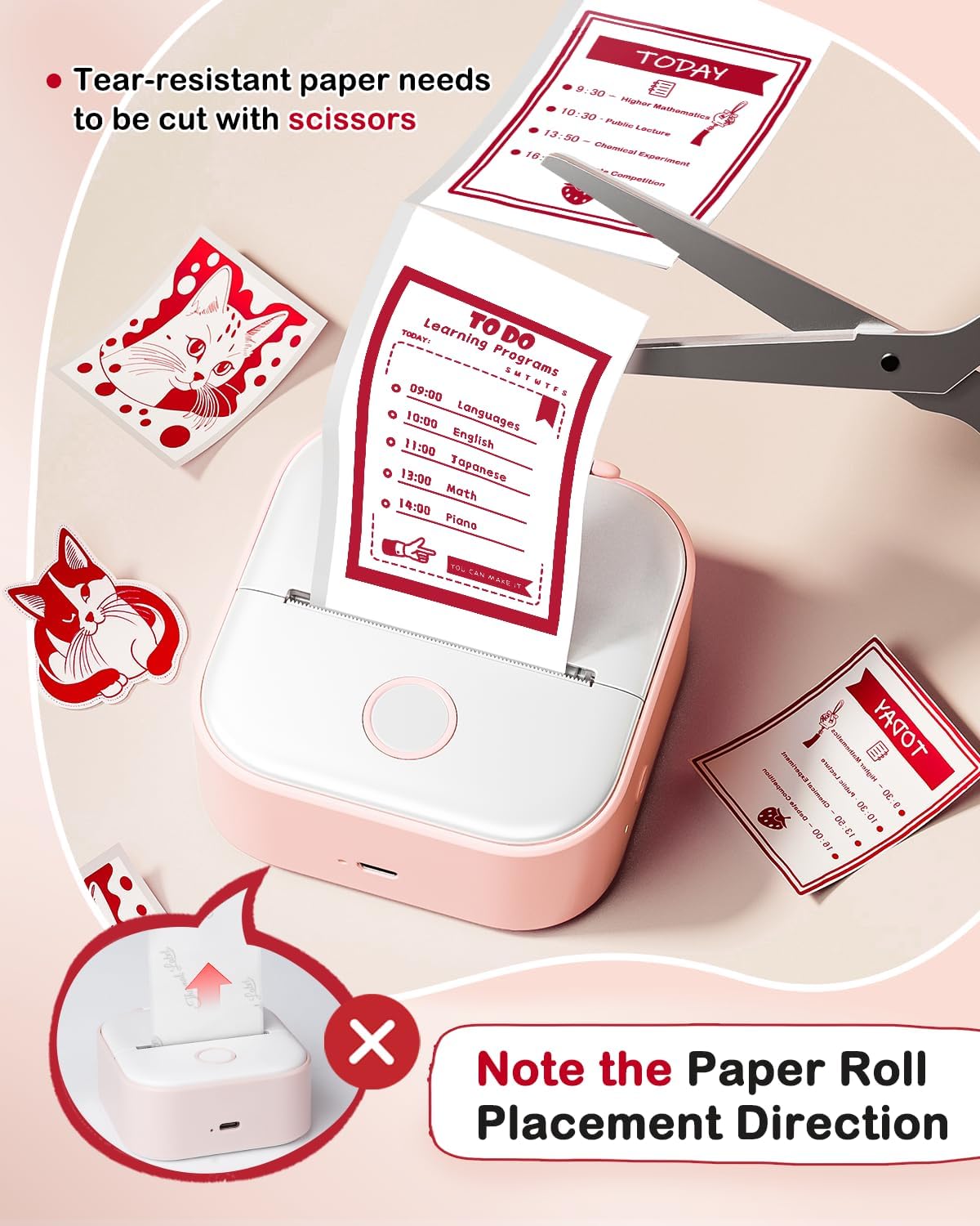 Memoking T02 / M02X / M02L Red on White Thermal Paper Roll, T02 Mini Printer Sticker Paper, T02 Sticker Paper, T02 Mini Printer Paper, T02 Printer Paper Color, 2-Year Sticky 50mm x 3.5m, 3 Rolls