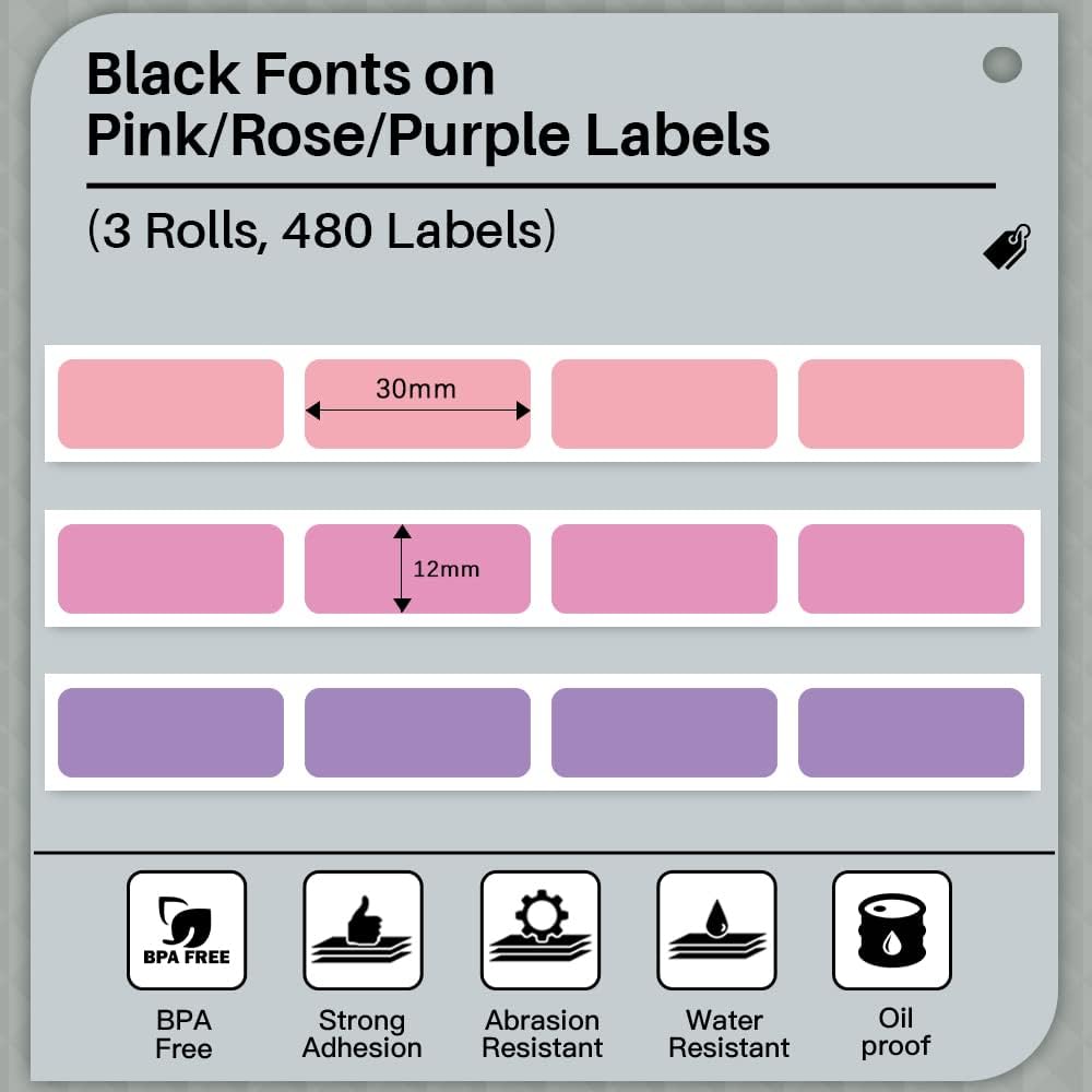 D30 Label Maker Tape - Compatible with Memoking/Phomemo D30 Label Printer Machine, 12x30mm Waterproof Thermal Printer Labels, Purple/Rose Red/Pink Sticker Machine Label, 3 Rolls