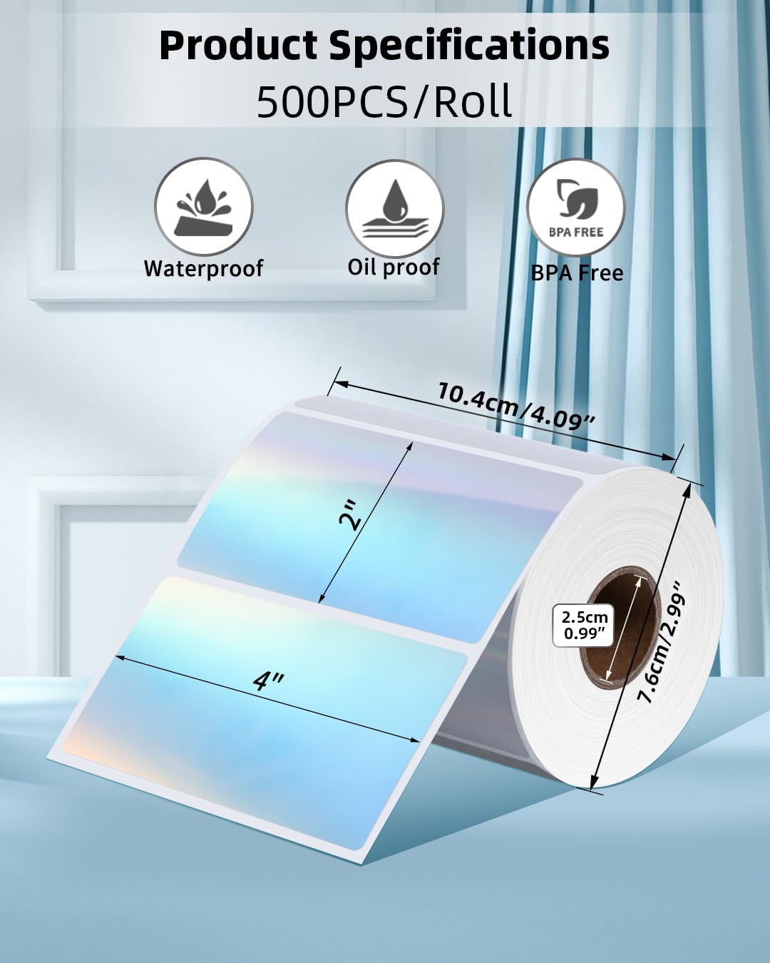 Memoking Thermal Labels, 4" * 2" Holographic Silver Self-Adhesive Sticker Label, Square Direct Thermal Label for Thanks Card, Logo, Name, Price, Address, QR Code, 500 Labels