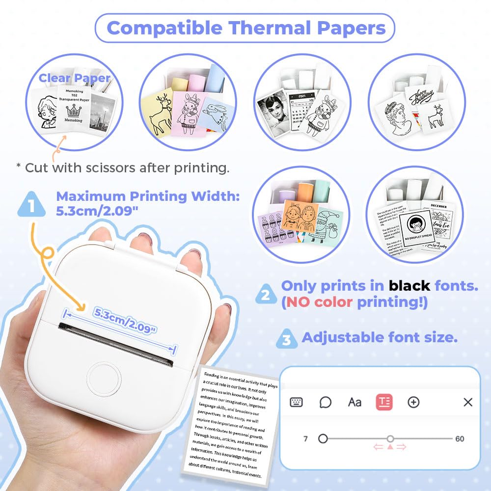 Memoking Mini Stampante - T02 Piccola Stampante Fotografica Istantanea Bluetooth Portatile in Bianco e Nero per DIY Journal Creazione di Diario Regalo per Bambini, Compatibile con iOS Android, Bianco