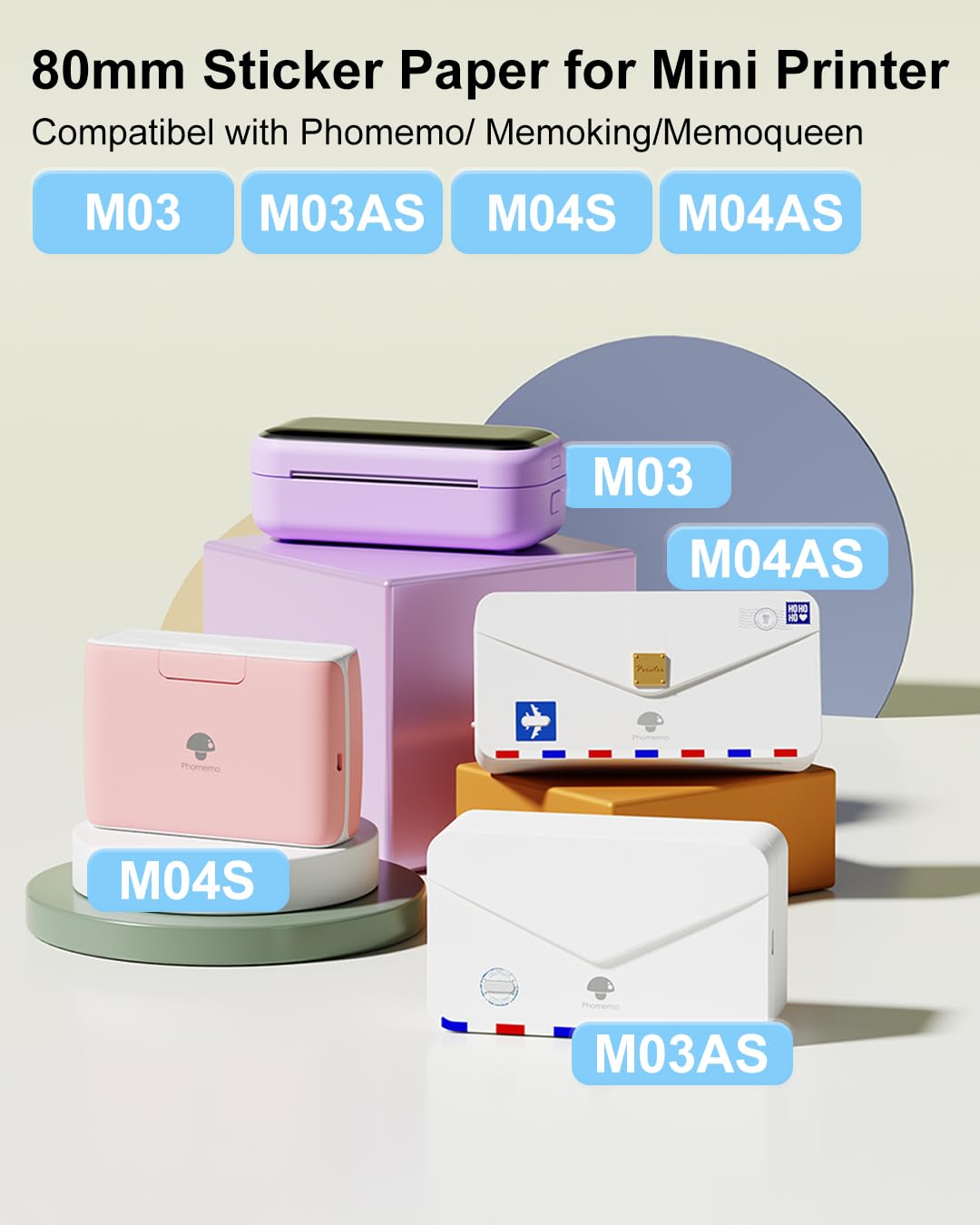 M04S Paper for M04AS Printer - M04AS HD Thermal Color Paper, Compatible with Phomemo M04S/M04AS Printer,Pink, Blue, Lavender Purple, 80mm x 3.5m,3 Rolls