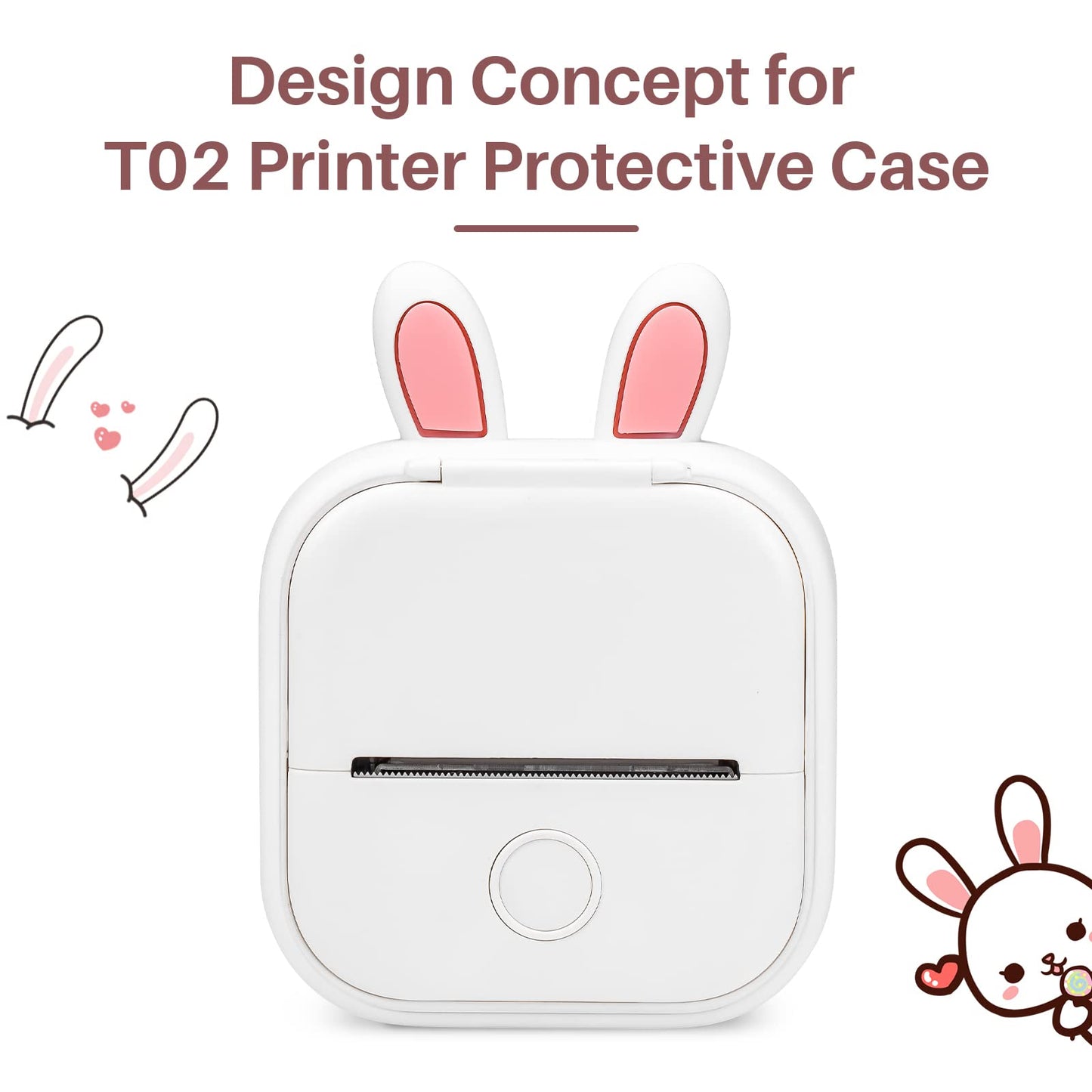 Memoking T02 Funda Protectora en Forma de Oreja de Conejo Funda Protectora de Silicona Suave para Impresora, Compatible con T02 Mini Impresora portátil inalámbrica Bluetooth de Mano, Blanco
