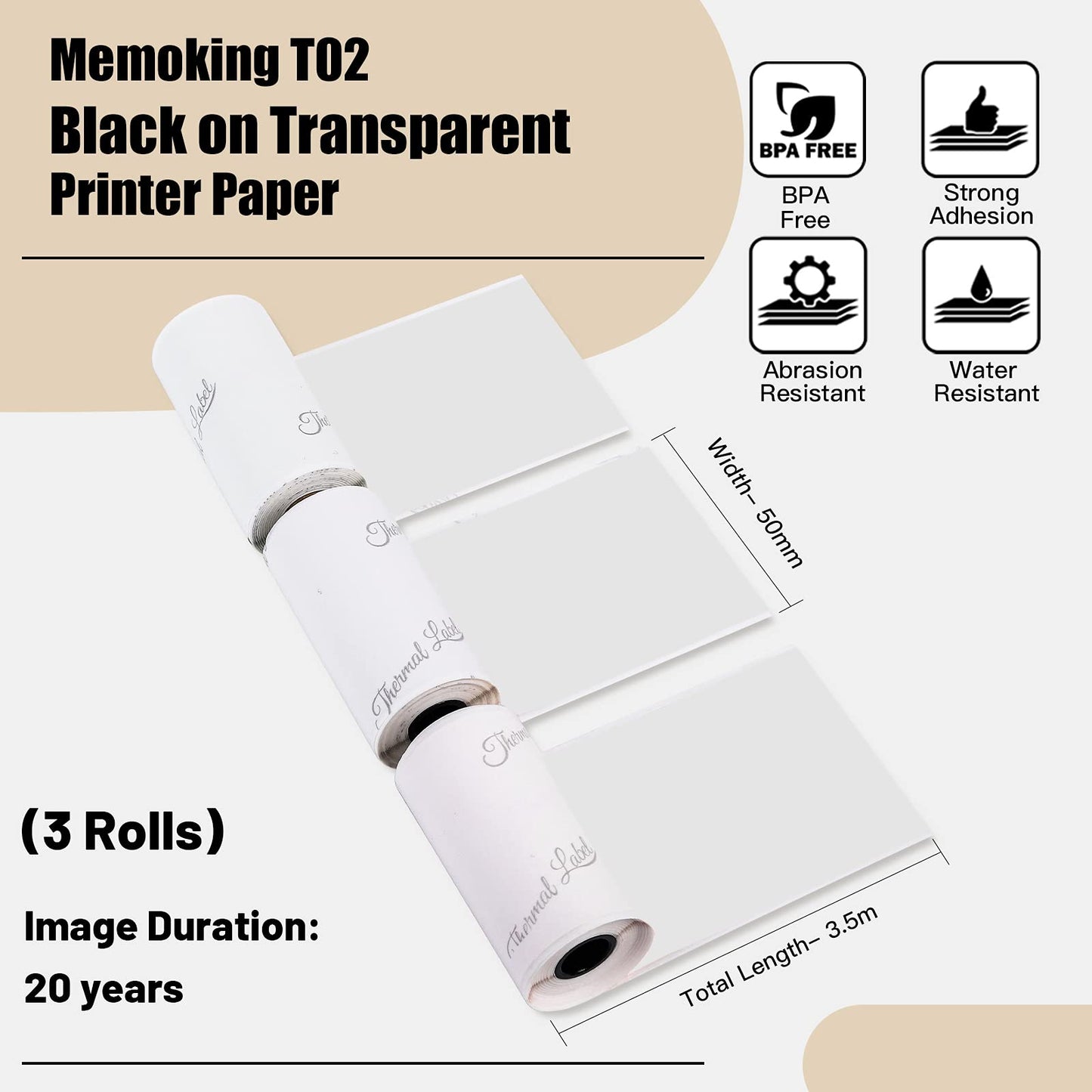 Memoking T02 Paper - Thermal Labels, T02 Transparent Paper, T02 Printer Paper, 3 Rolls