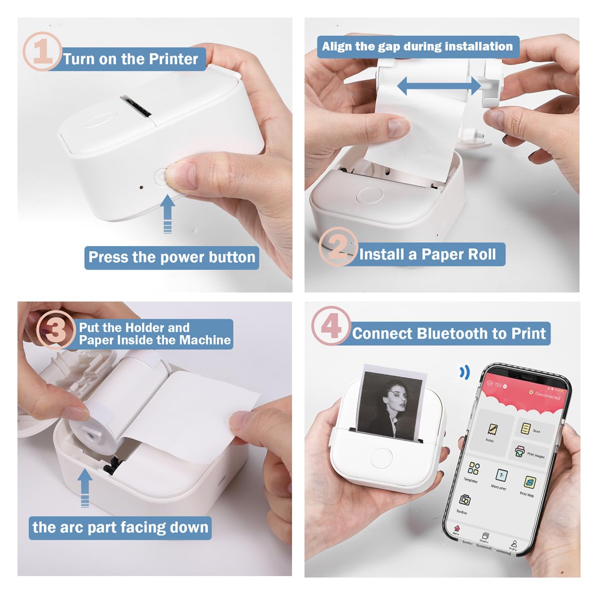 T02 Mini Pocket Printer - Bluetooth Wireless Portable Mobile Thermal Receipt Printer Compatible with iOS & Android for Student Women Gift, Photos, Journal, Fun, Work, Receipt, White