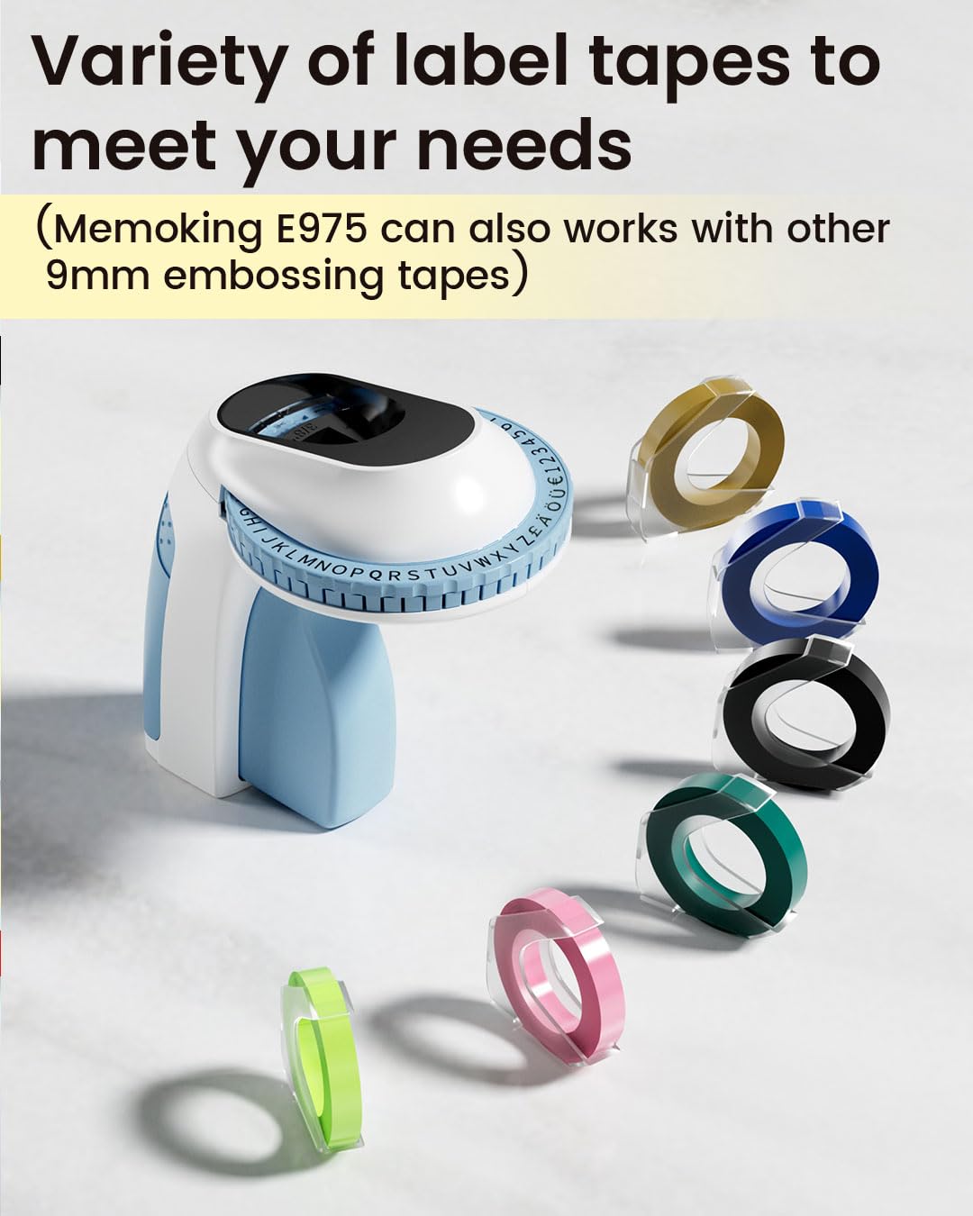 Memoking Embossed Label Maker Machine with 6 Rolls of 3/8'' (9mm) Emboss Tapes-E975 3D Embossing Label Maker Machine, Handheld Embossing Label Maker, Vintage Label Maker for Home, Office and DIY (Blue)