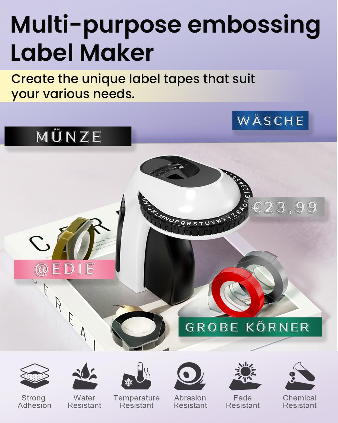 Memoking Etiqueteuse de Gaufrage avec 6 Rubans d'étiquettes,E975 3D Etiqueteuse Manuelle, Machine Etiquette Autocollantes pour la Maison, Le Bricolage et Les travaux manuels (£/€, Ä, Ö, Ü) Noir