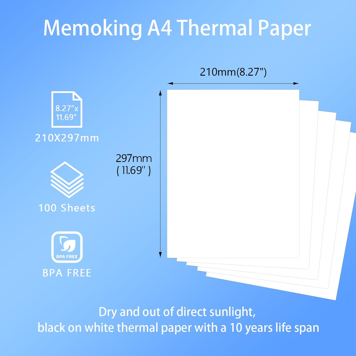 Lot de 100 Feuilles de Papier Thermique A4 pour 210 x 297 mm Compatible avec Phomemo M832/M833/M834/M835/M08F imprimante mobile, à séchage rapide pour contrat, photos, dessins, devoirs