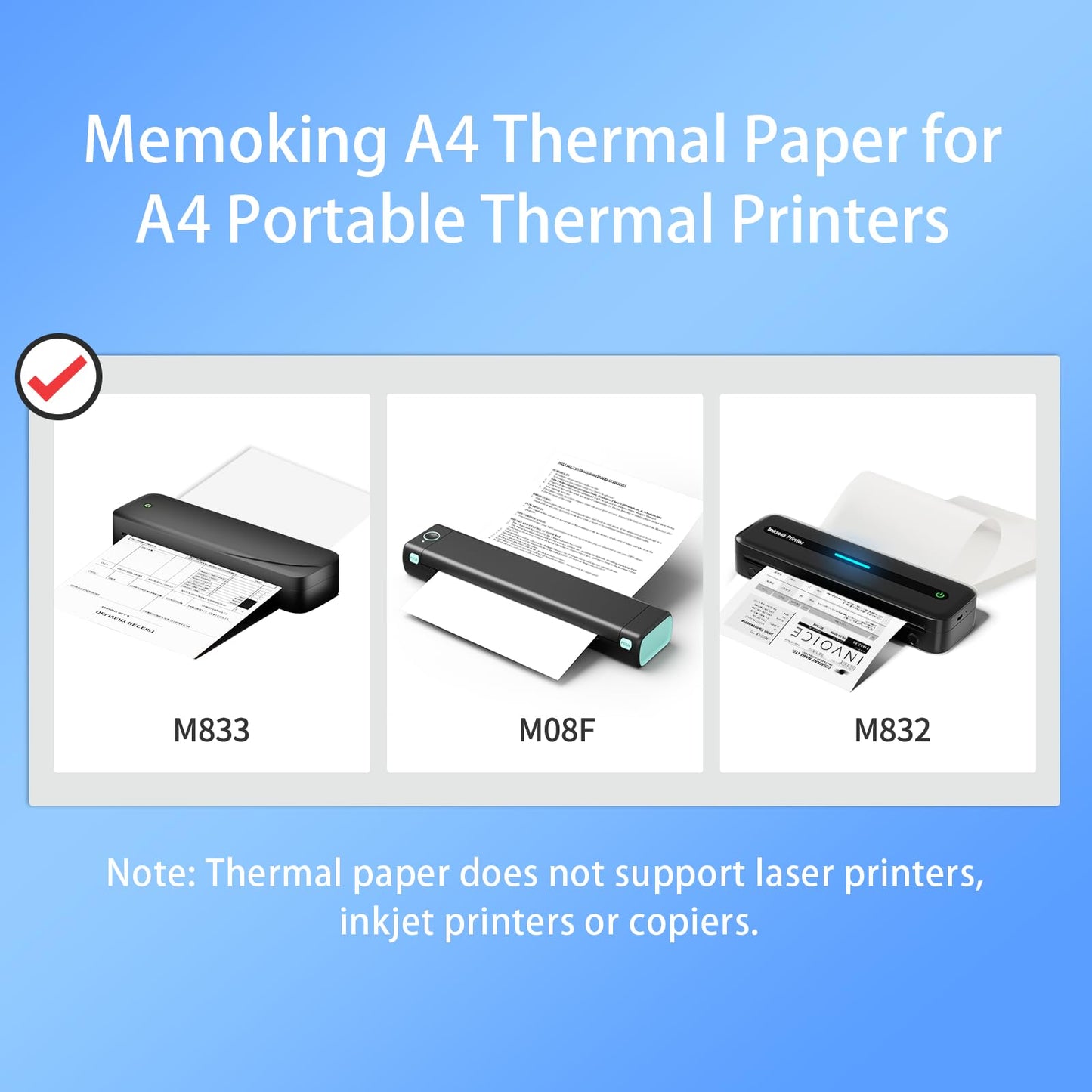 Lot de 100 Feuilles de Papier Thermique A4 pour 210 x 297 mm Compatible avec Phomemo M832/M833/M834/M835/M08F imprimante mobile, à séchage rapide pour contrat, photos, dessins, devoirs