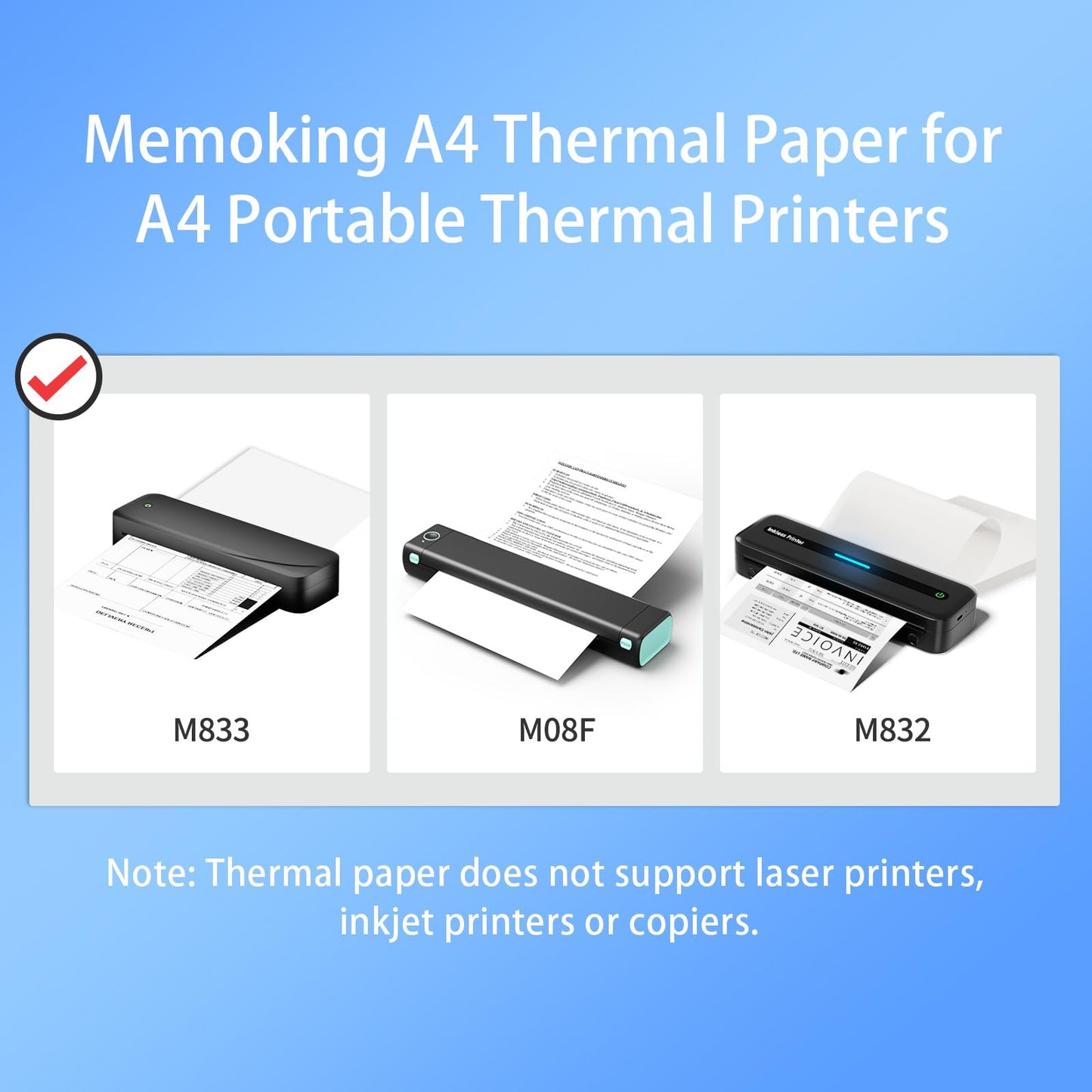 Memoking Thermal Paper A4 for Mobile Printer M832/M833/M834/M835/M08F, 10 Years Thermal Paper 210 x 297 mm, Quick Dry Thermal Paper for Contracts, Photos, Drawings, Homework, 200 Sheets
