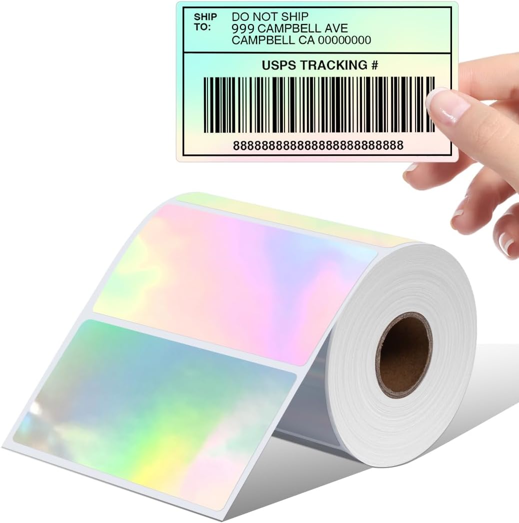 Memoking Thermal Labels, 4" * 2" Holographic Silver Self-Adhesive Sticker Label, Square Direct Thermal Label for Thanks Card, Logo, Name, Price, Address, QR Code, 500 Labels