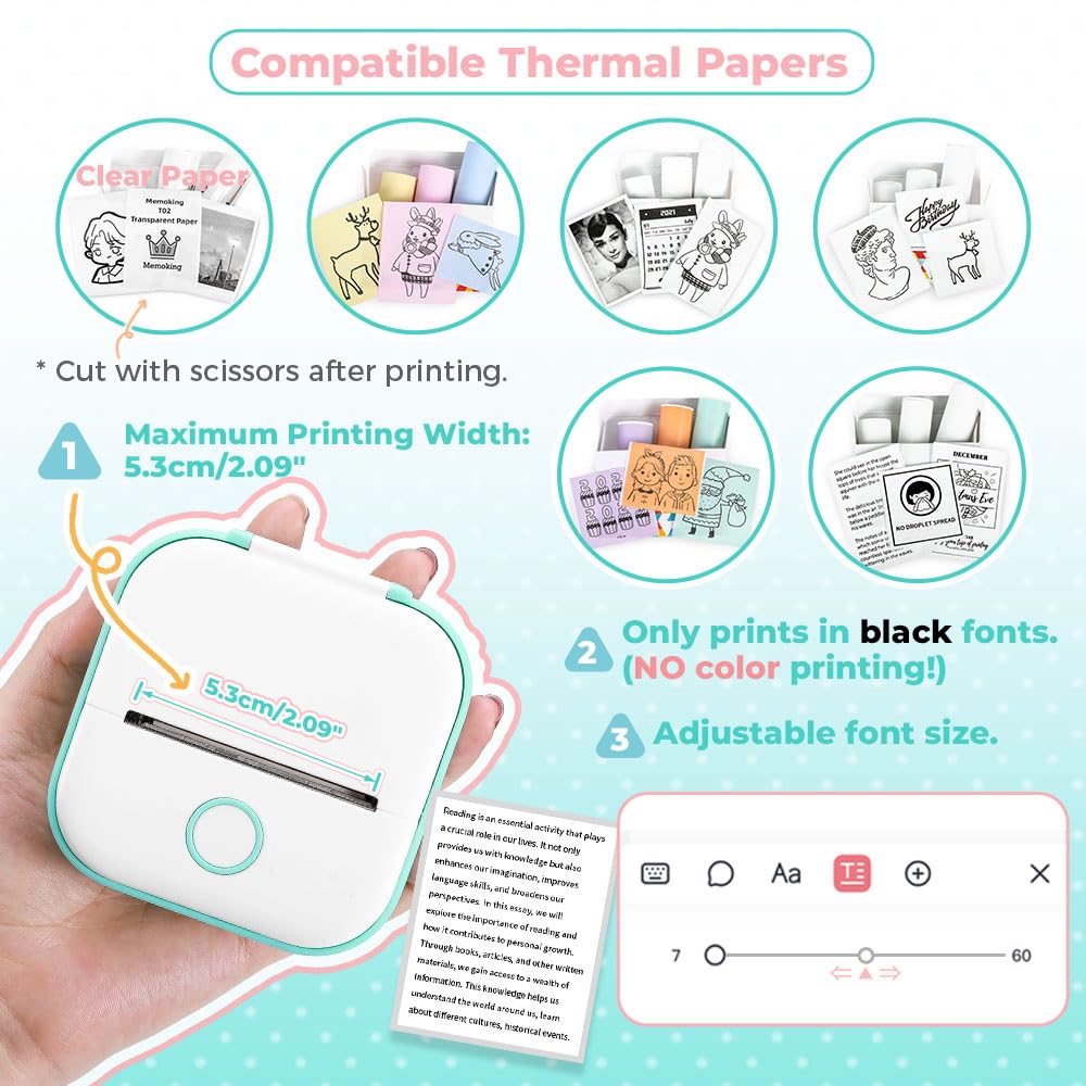 Memoking Mini Pocket Printer - T02 203dpi Bluetooth Thermal Printer, Portable Phone Printer for Children, Compatible with Phones&Tablets, Green