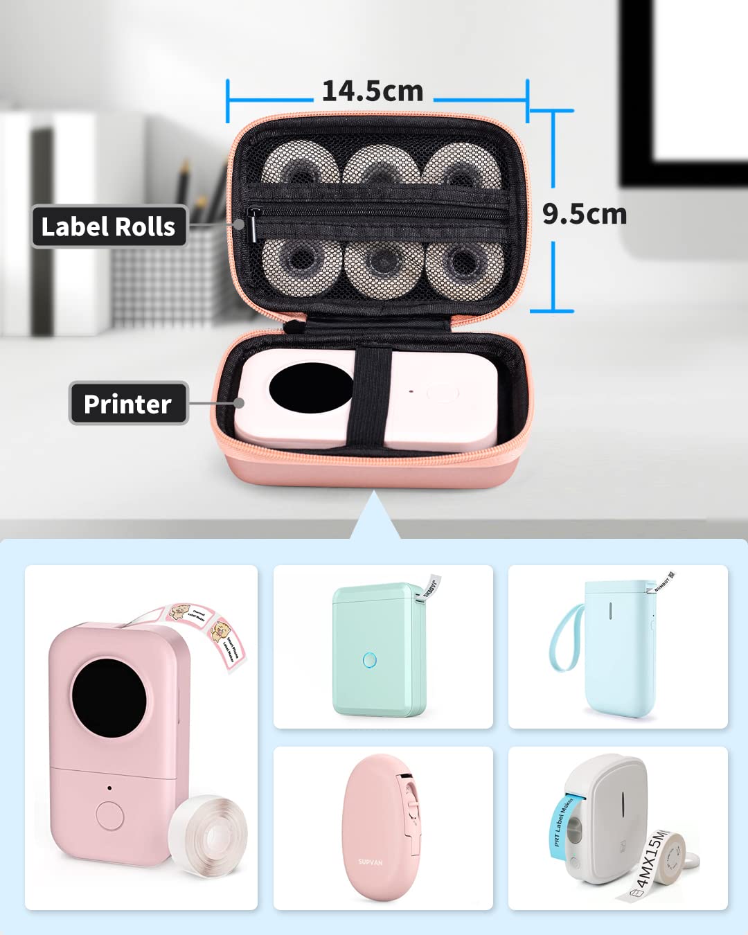 Memoking T02 Hard Storage Case - Compatible with Phomemo D30, SUPVAN E10, NIIMBOT D11, JADENS D110 and More, with Zipper Mesh Pocket, Waterproof Shockproof Case, Pink (Only Case)
