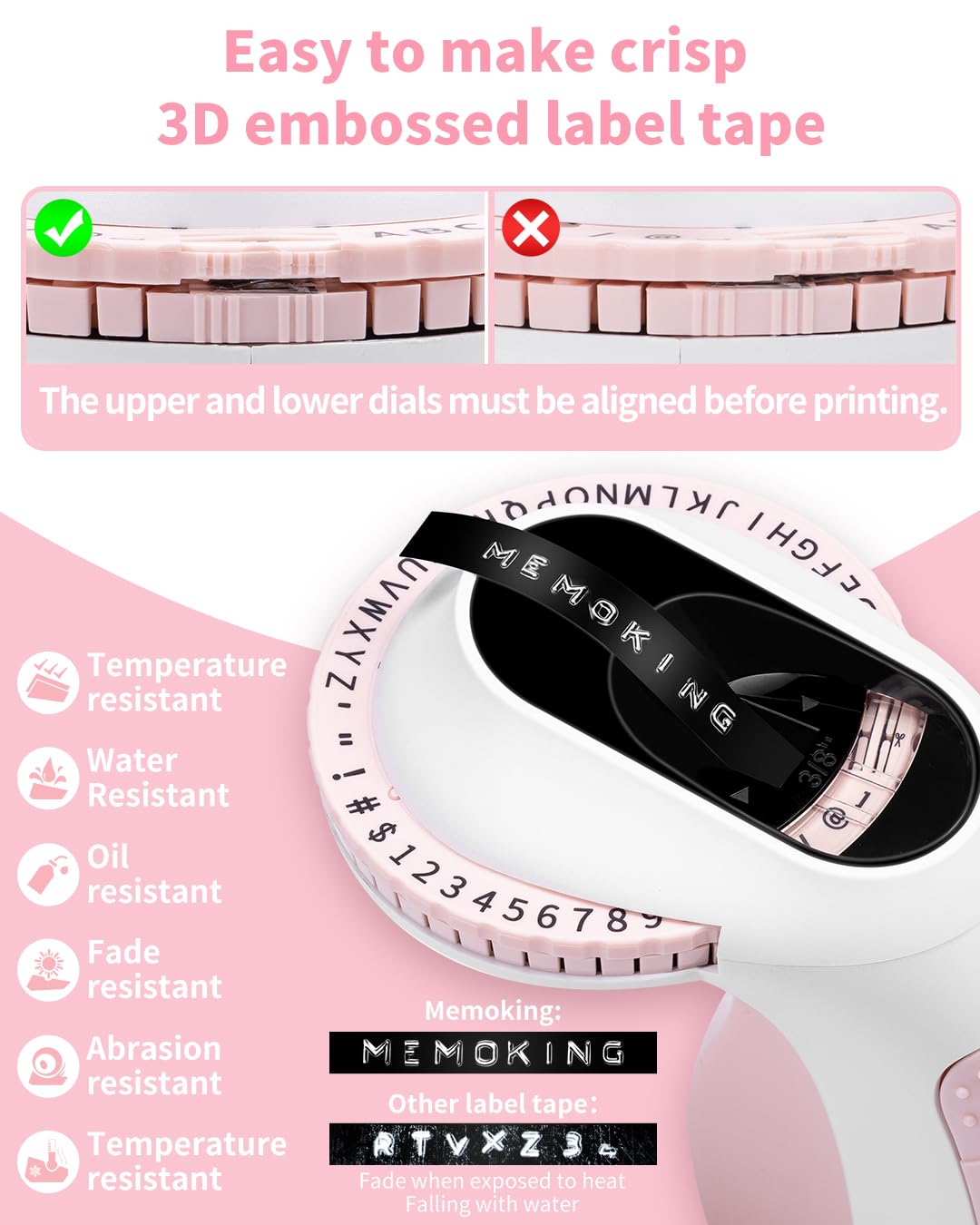 Memoking Embossing Label Maker Machine-E975 3D Embossed Label Maker with 6 Rolls Emboss Tapes, Handheld Embosser Labelling Machine, Lettering Label Maker Embossing for Home, Office and DIY (Pink)