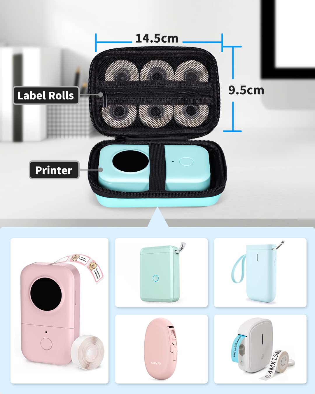 Memoking T02 Hard Storage Case - Compatible with Phomemo D30, SUPVAN E10, NIIMBOT D11, JADENS D110 and More, with Zipper Mesh Pocket, Waterproof Shockproof Case, Green (Only Case)