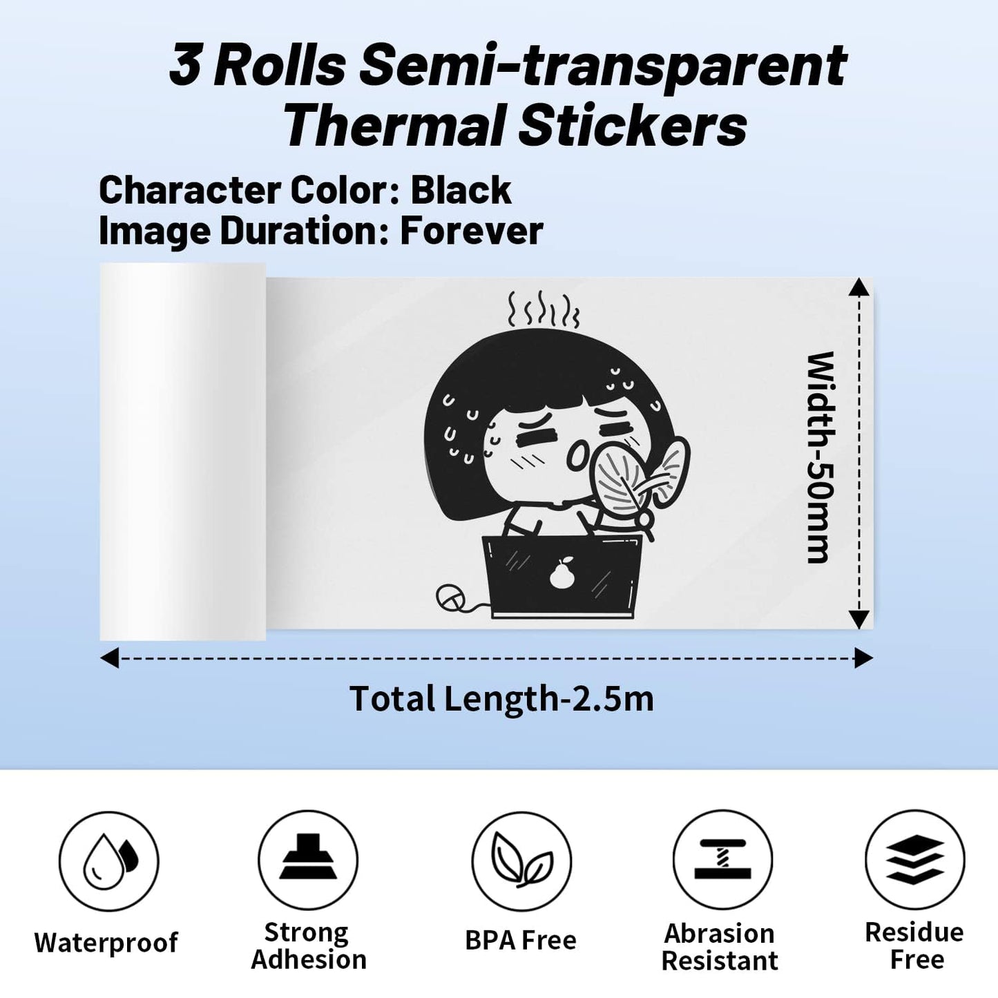 Memoking M02 Semi-Transparent Thermal Sticker Paper, Compatible with M02 M02S M02PRO M03 Mini Printer, Compatible with Phomemo Printer Paper M02 Sticker, 50mmx3.5m/Roll, 3Rolls