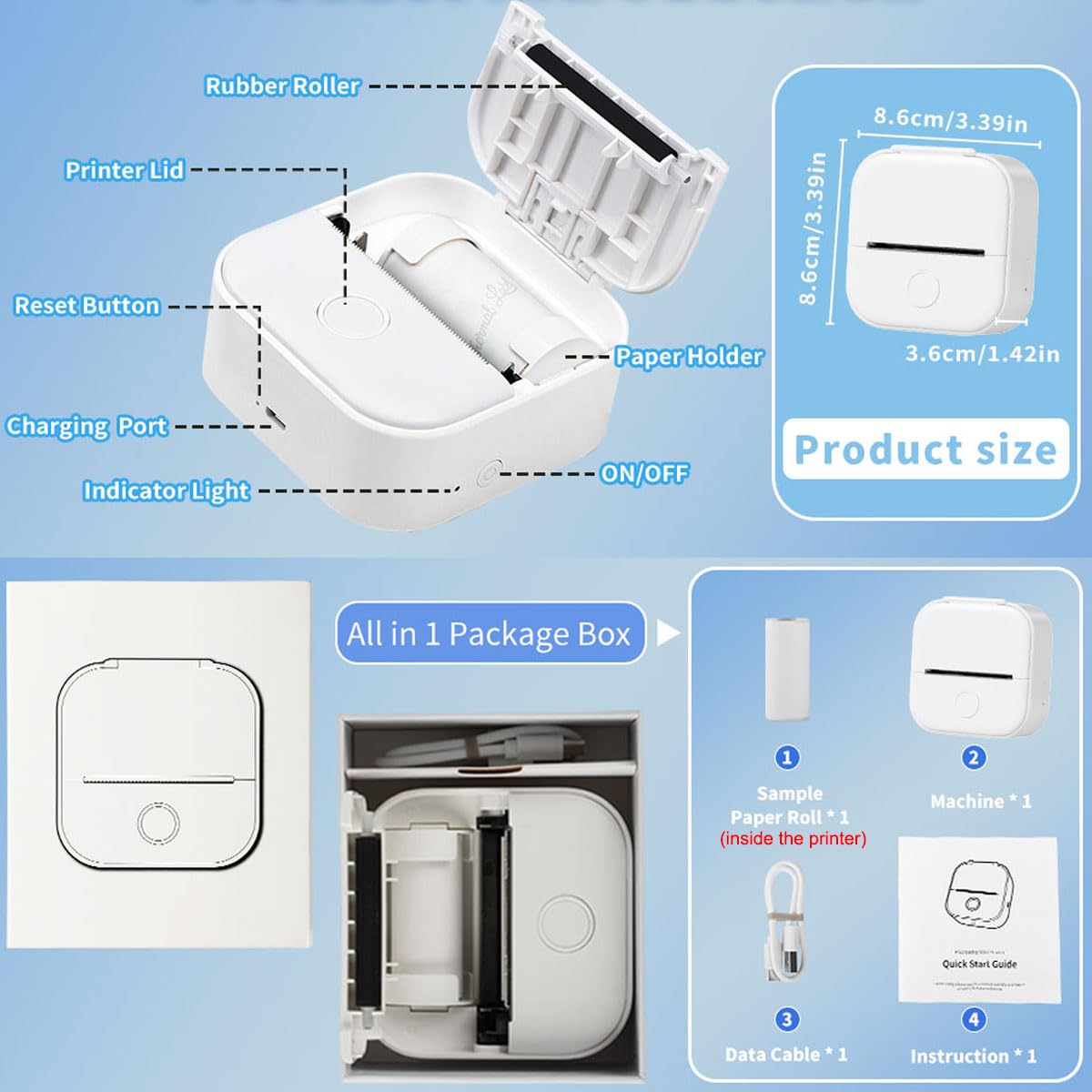 T02 Mini Pocket Printer - Bluetooth Wireless Portable Mobile Thermal Receipt Printer Compatible with iOS & Android for Student Women Gift, Photos, Journal, Fun, Work, Receipt, White