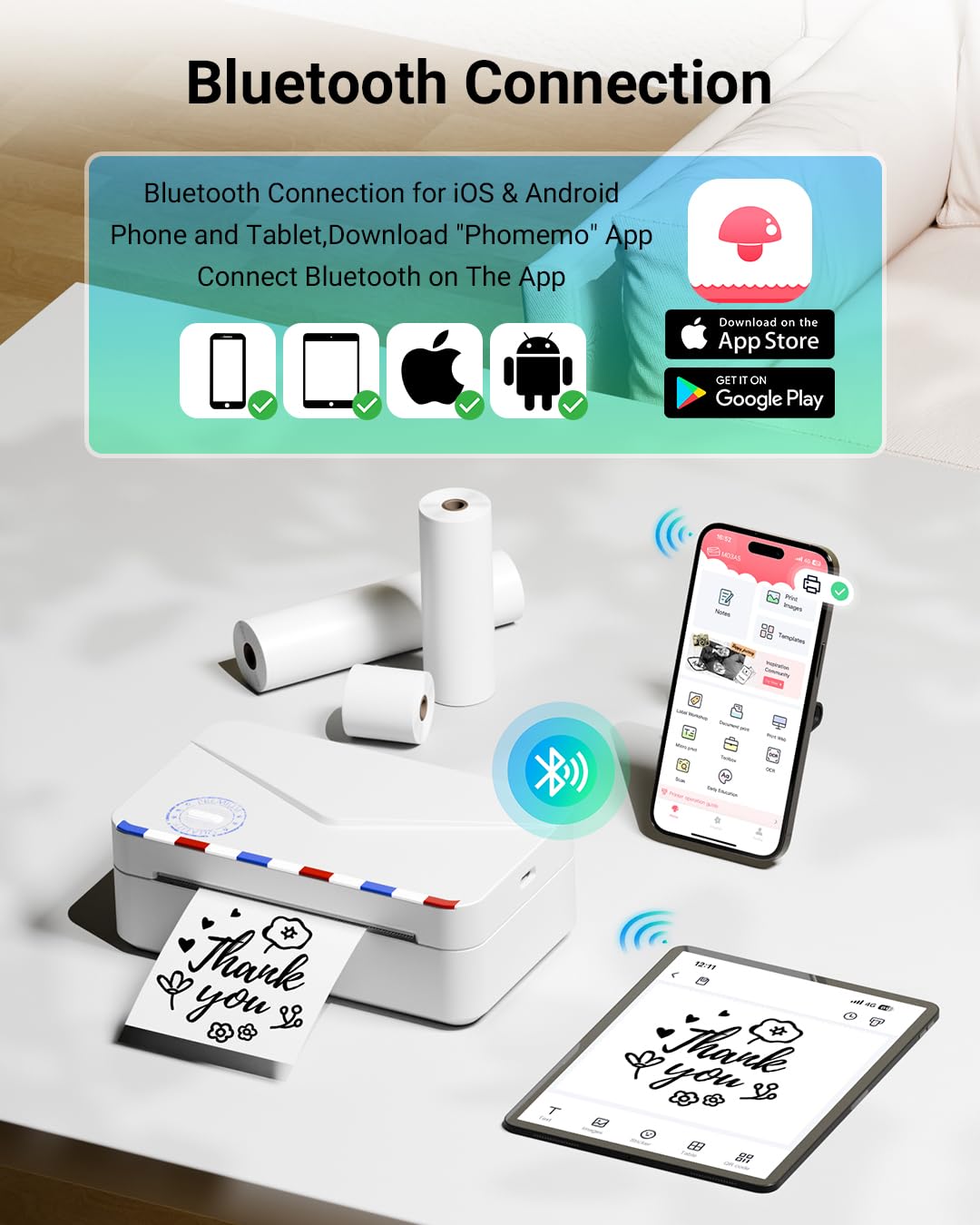 Memoking Mini Sticker Printer - 300dpi M03AS Thermal Portable Mini Printer, Bluetooth Inkless Pocket Printer for Phone, Sticky Note Printer for Study Notes, Memo, DIY, Photos, Label
