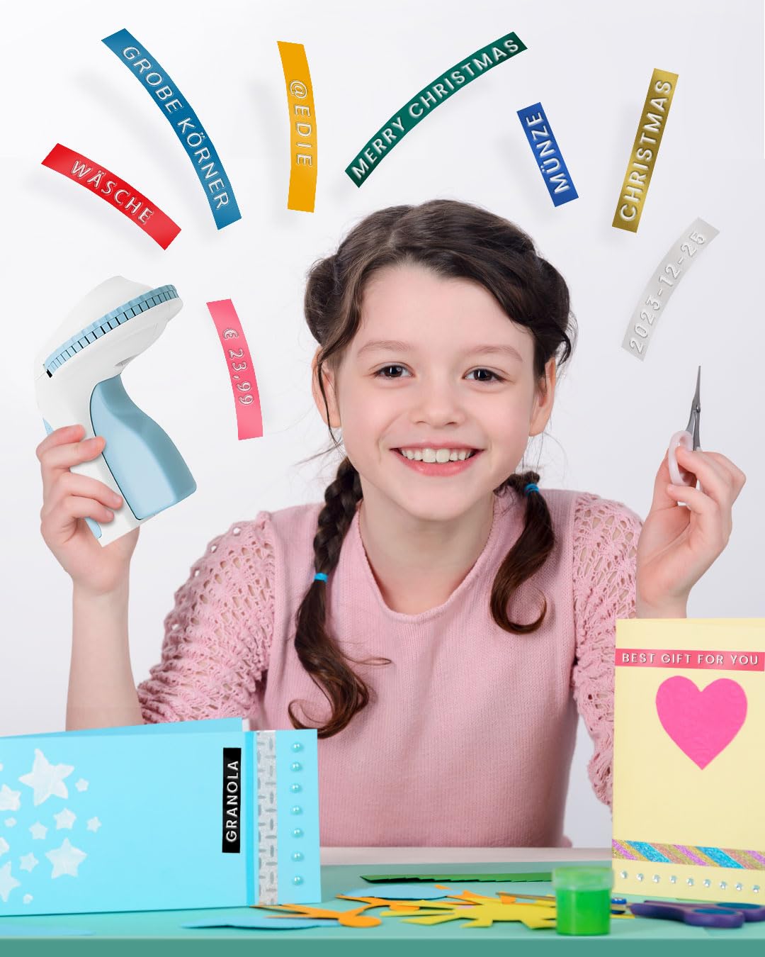 Memoking Etiqueteuse de Gaufrage avec 6 Rubans d'étiquettes,E975 3D Etiqueteuse Manuelle, Etiqueteuse Gaufrage pour la Maison, Le Bricolage et Les travaux manuels (£/€, Ä, Ö, Ü) Bleu