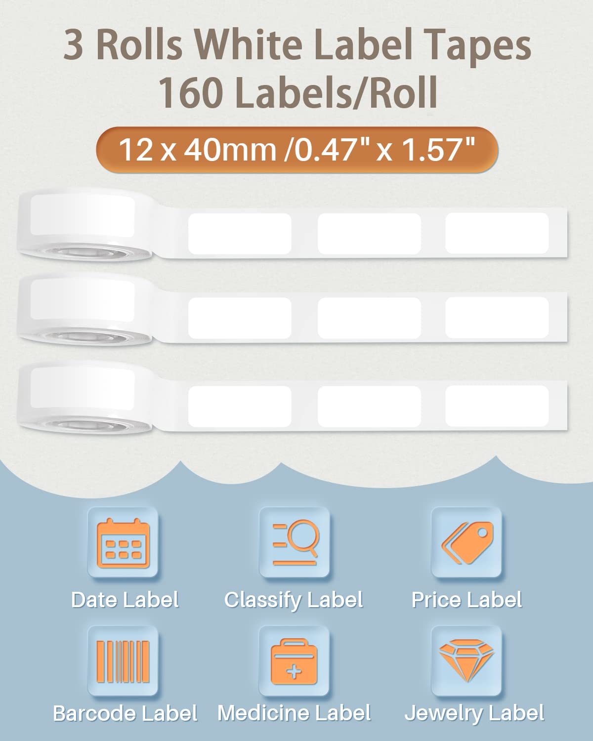 D30 Labels - Compatible with Phomemo D30 /D30S / Q30S / D35 Labels Maker Machine-0.47''x1.57''(12x40mm) - D30 Labels Tape for Home & Office Use - 3 Rolls,160 Labels/Roll,White