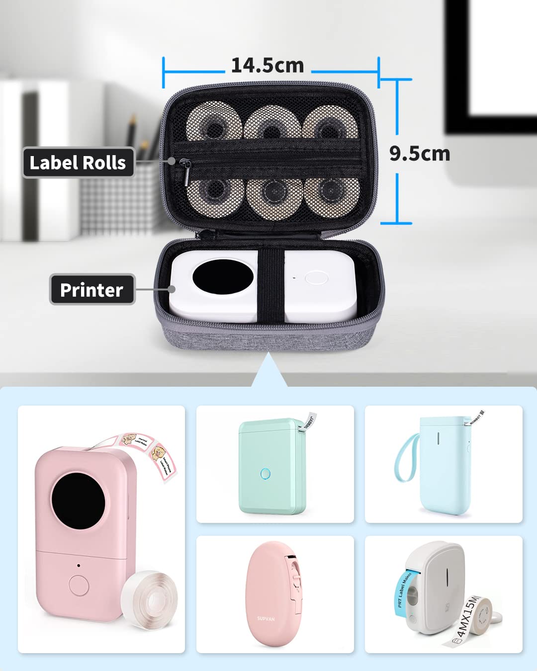 Memoking T02 Hard Storage Case - Compatible with Phomemo D30, SUPVAN E10, NIIMBOT D11, JADENS D110 and More, with Zipper Mesh Pocket, Waterproof Shockproof Case, Grey (Only Case)