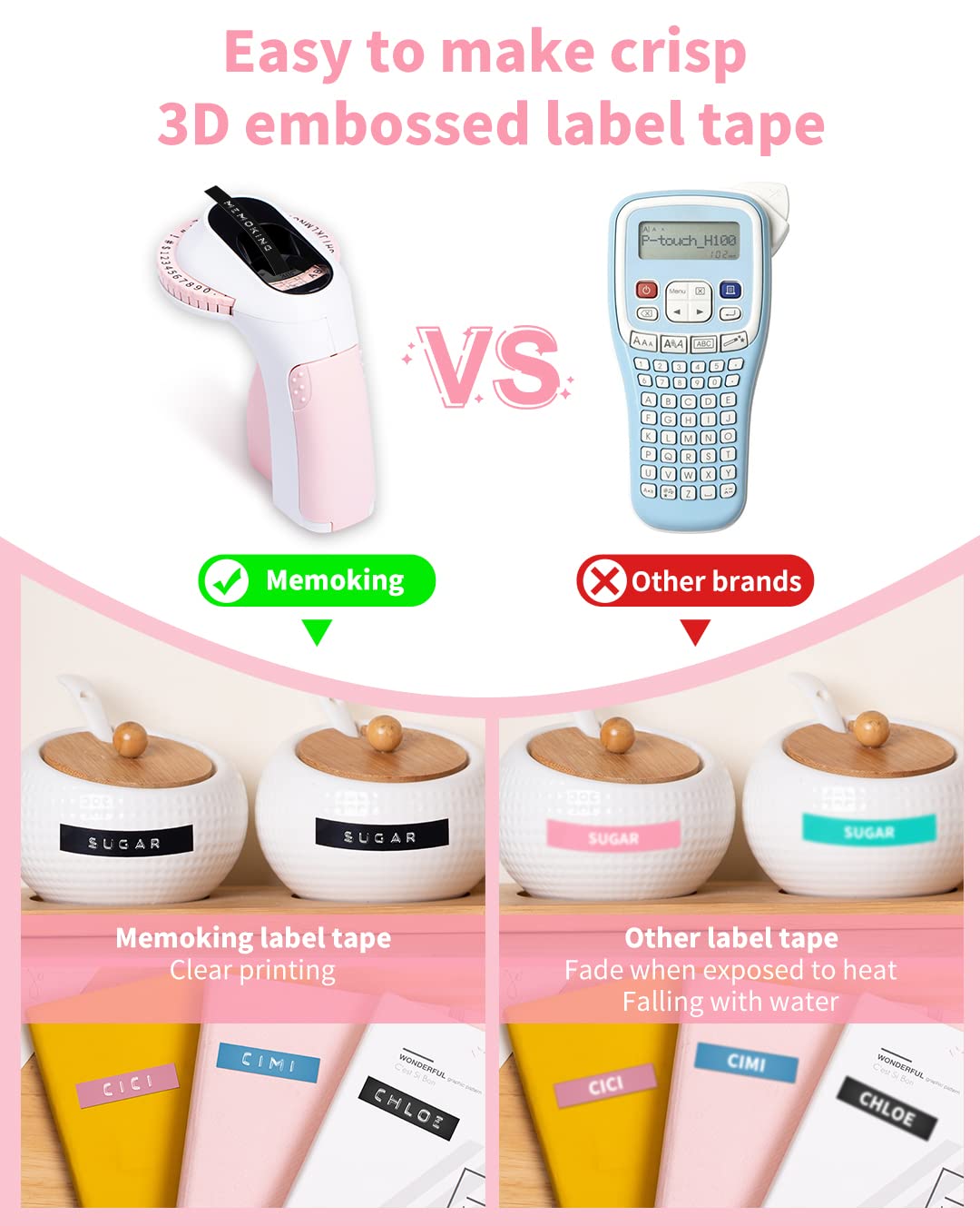 Memoking Embossing Label Maker Machine-E975 3D Embossed Label Maker with 6 Rolls Emboss Tapes, Handheld Embosser Labelling Machine, Lettering Label Maker Embossing for Home, Office and DIY (Pink)