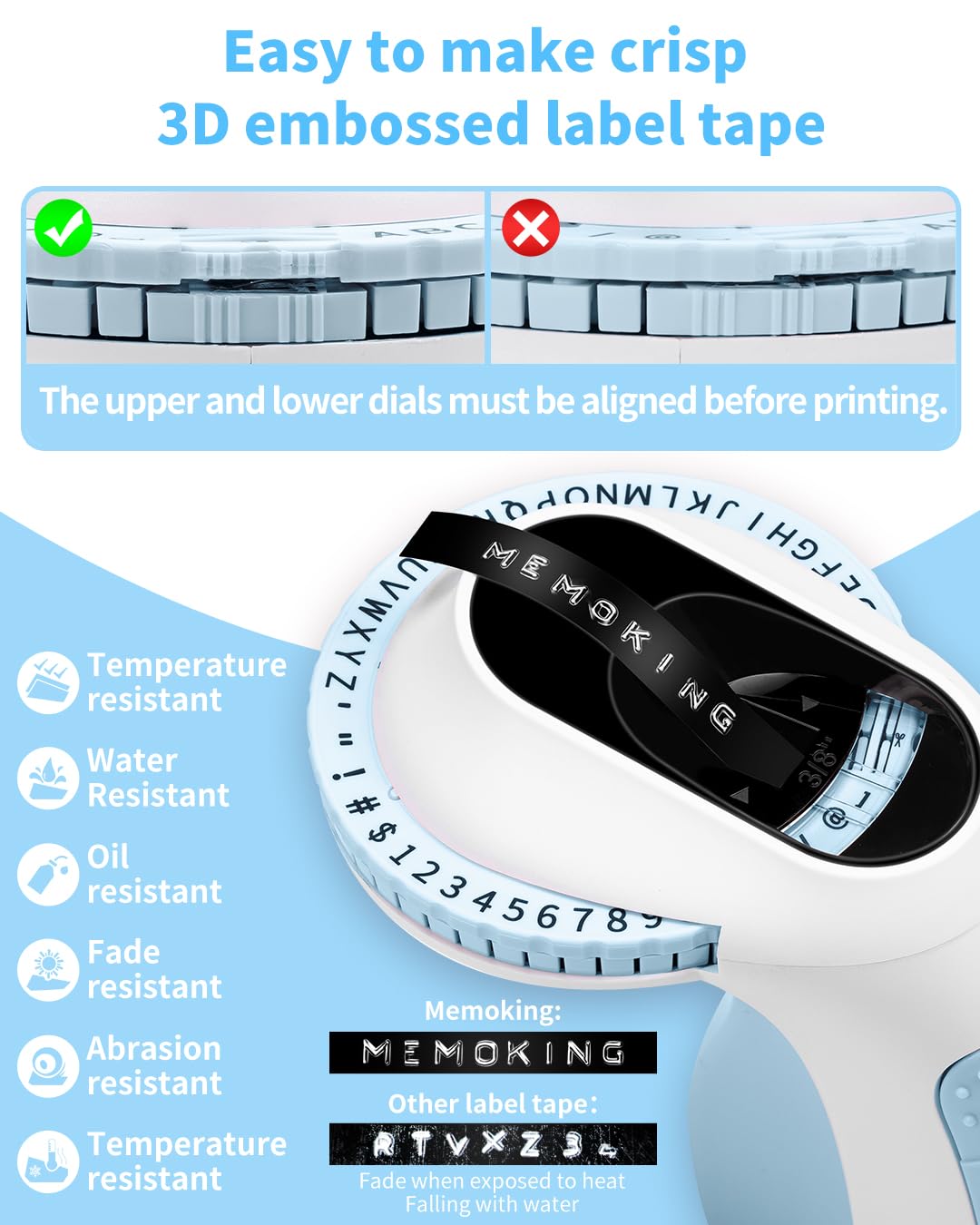 Memoking Embossing Label Maker with 6 Rolls of 3/8'' (9mm) Emboss Tapes-E975 3D Embossed Label Maker Machine, Handheld Label Embossing Machine, Vintage Label Maker for Home, Office and DIY (Blue)