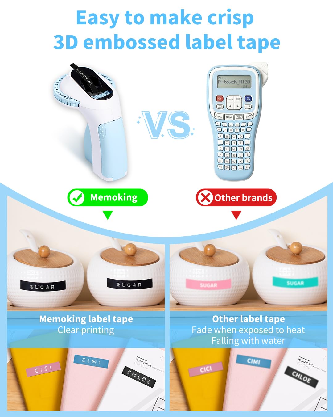 Memoking Embossing Label Maker with 6 Rolls of 3/8'' (9mm) Emboss Tapes-E975 3D Embossed Label Maker Machine, Handheld Label Embossing Machine, Vintage Label Maker for Home, Office and DIY (Blue)