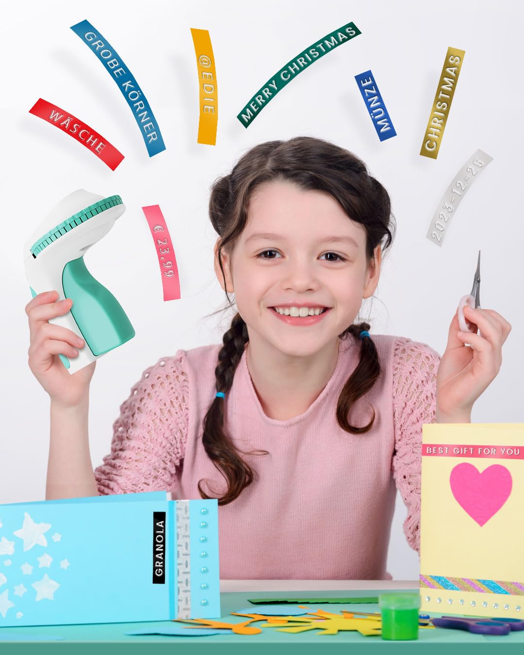 Memoking Etiqueteuse Etiqueteuse 3D E975 avec 6 Rouleaux d'étiquettes à gaufrer, étiqueteuse Manuelle avec gaufrage, étiqueteuse Portable pour l'organisation, Le Bricolage (£/€, Ä, Ö, Ü)