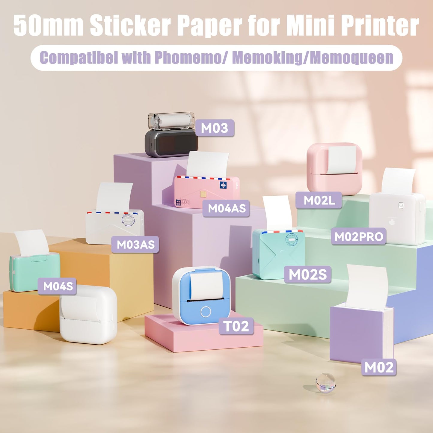 Memoking M02 Semi-Transparent Thermal Sticker Paper, Compatible with M02 M02S M02PRO M03 Mini Printer, Compatible with Phomemo Printer Paper M02 Sticker, 50mmx3.5m/Roll, 3Rolls