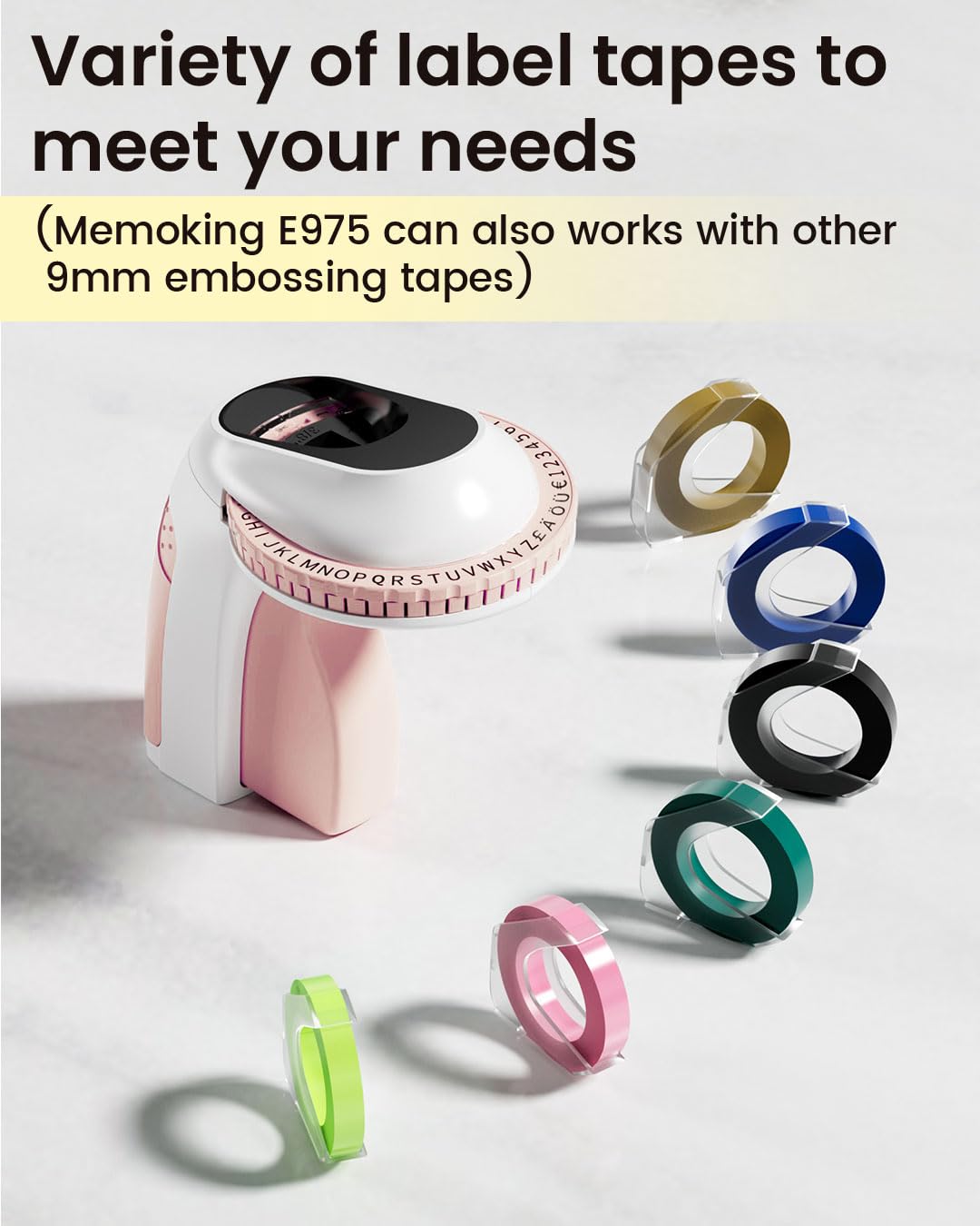 Memoking Embossed Label Maker Machine-E975 3D Embossing Label Makers with 6 Rolls Label Emboss, Handheld Vintage Embosser, Lettering Embossing Label Maker for Home, Kitchen, Gift, Organization (Pink)