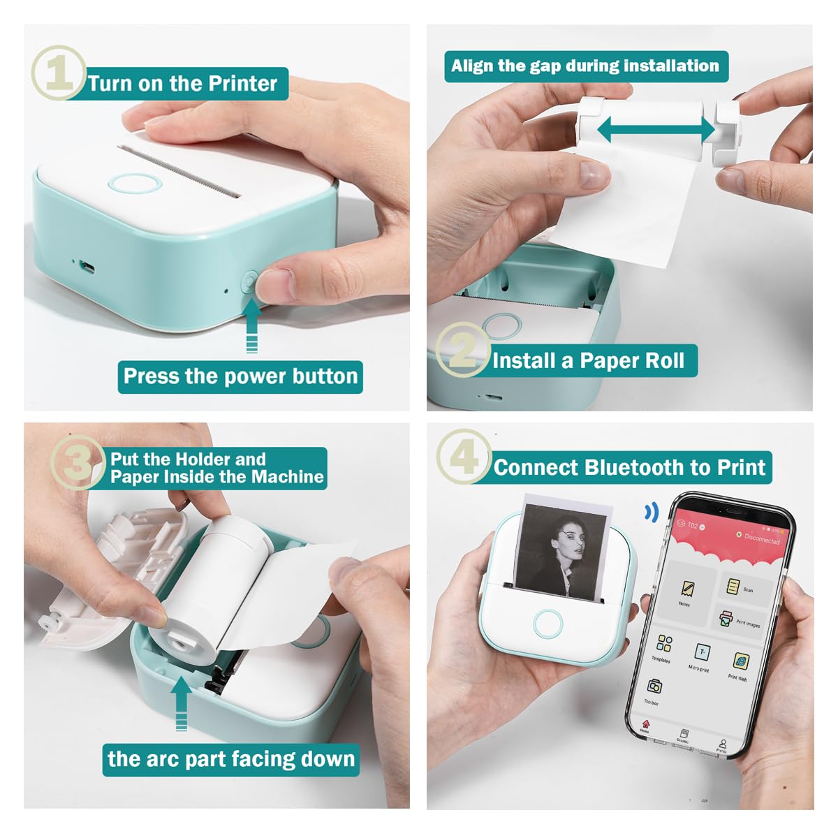 T02 Receipt Printer - Mini Portable Bluetooth Wireless Pocket Thermal Printer, 203dpi Handy Printer for Journal, Photos, Notes, Students Gifts, Compatible with iOS & Android, Green