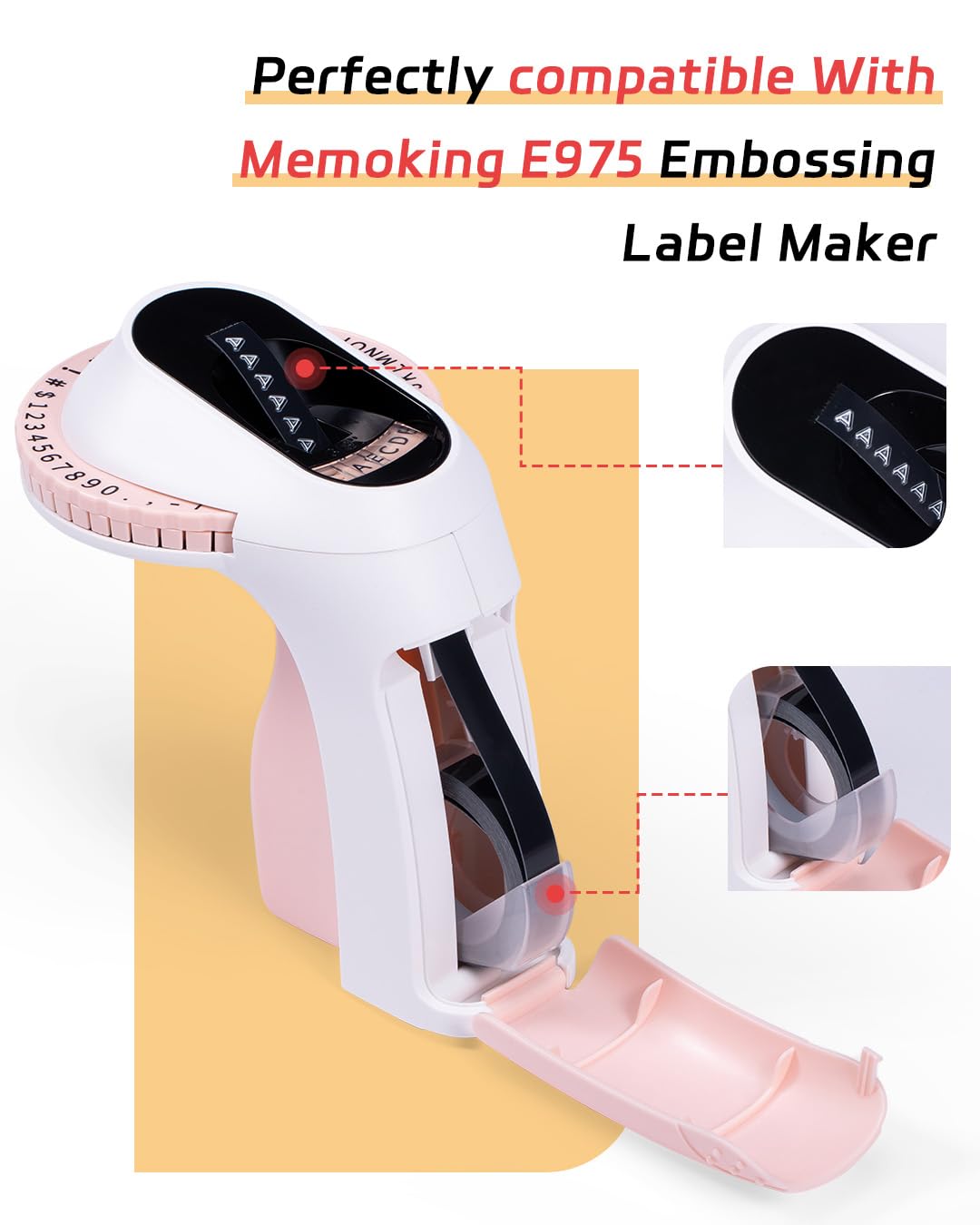 3D E975 Embossed Label Tape 3/8''(9mm) 3D Embossing Label Tape-Memoking E975 3/8'' Plastic Self-Adhesive Embossing Label, Compatible for Dymo Omega, DYMO Junior, 3Pack