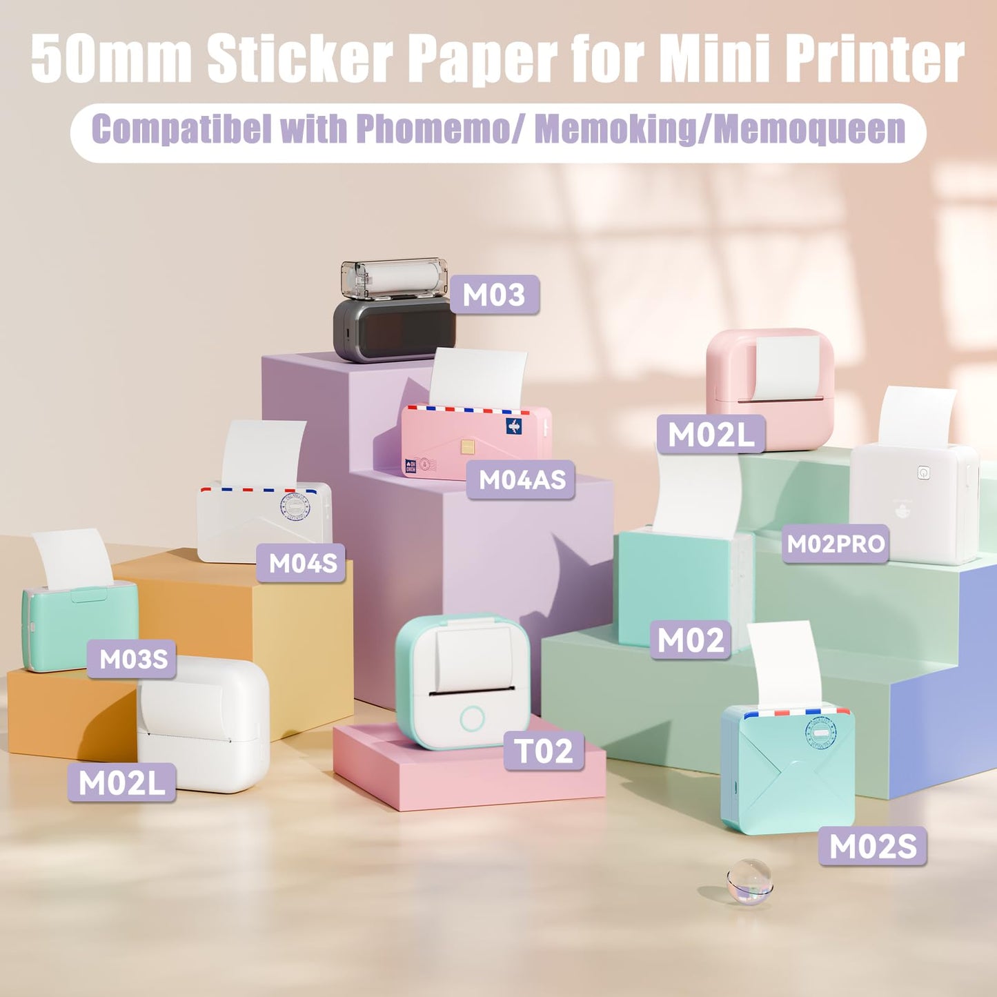 Memoking Colorful Thermal Sticker Paper for T02 M02 M02Pro M02D M02S M03 M03AS M04S Mini Printer, Compatible with Phomemo Printer Paper M02 Sticker, 50mmx3.5m/Roll, 3Rolls, Green,Purple,Orange