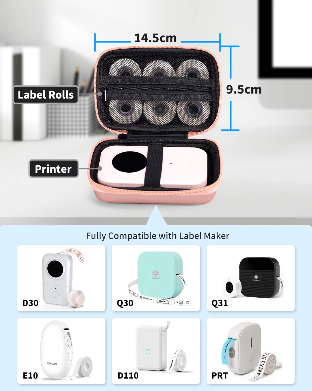 Memoking T02 Hard Storage Case - Compatible with Phomemo D30, SUPVAN E10, NIIMBOT D11, JADENS D110 and More, with Zipper Mesh Pocket, Waterproof Shockproof Case, Pink (Only Case)