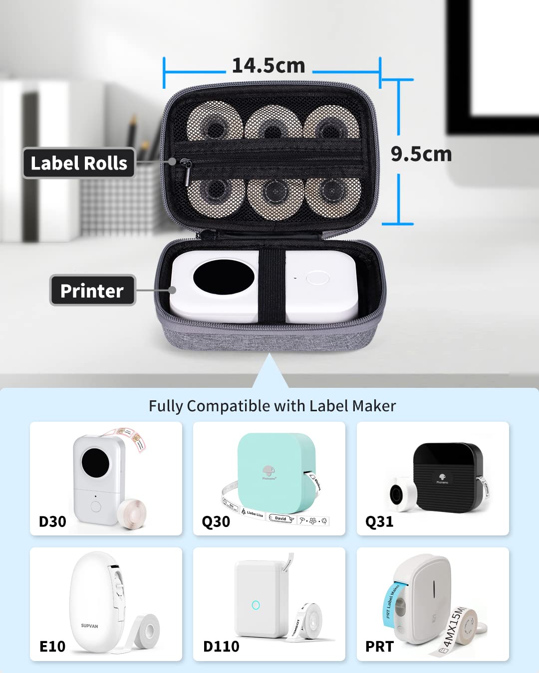 Memoking T02 Hard Storage Case - Compatible with Phomemo D30, SUPVAN E10, NIIMBOT D11, JADENS D110 and More, with Zipper Mesh Pocket, Waterproof Shockproof Case, Grey (Only Case)