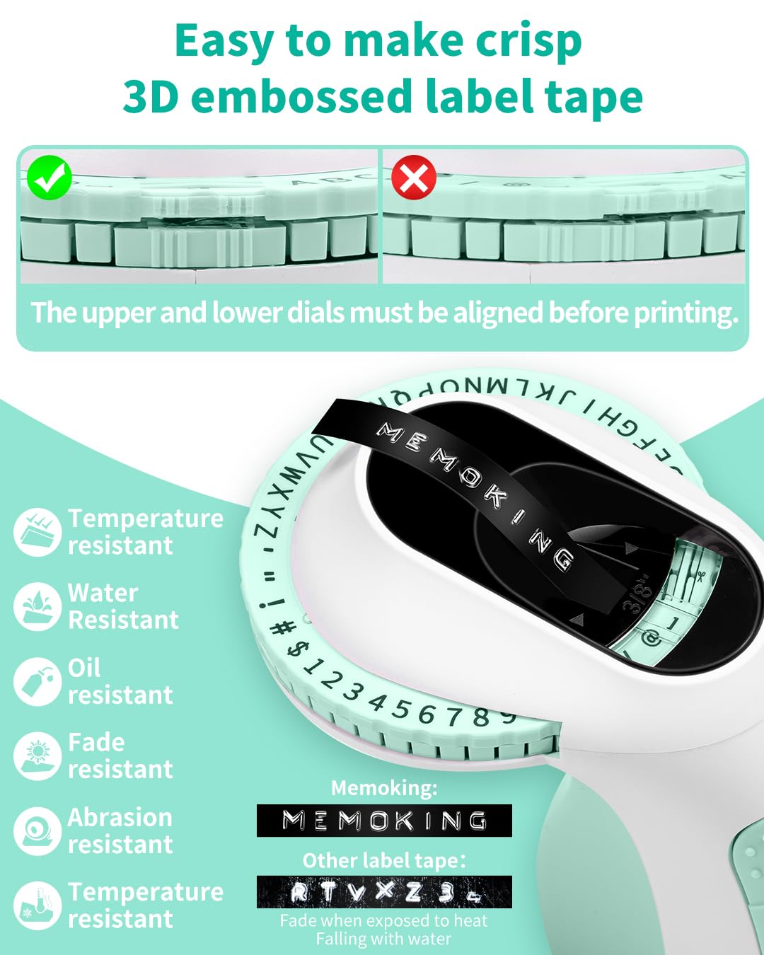 Memoking Embossed Label Maker Machine-E975 3D Label Maker Machine with 6 Rolls of 3/8''(9mm) Label, Handheld Embosser Labelling Machine, Lettering Embossing Label Maker for Home, Office and DIY (Green)