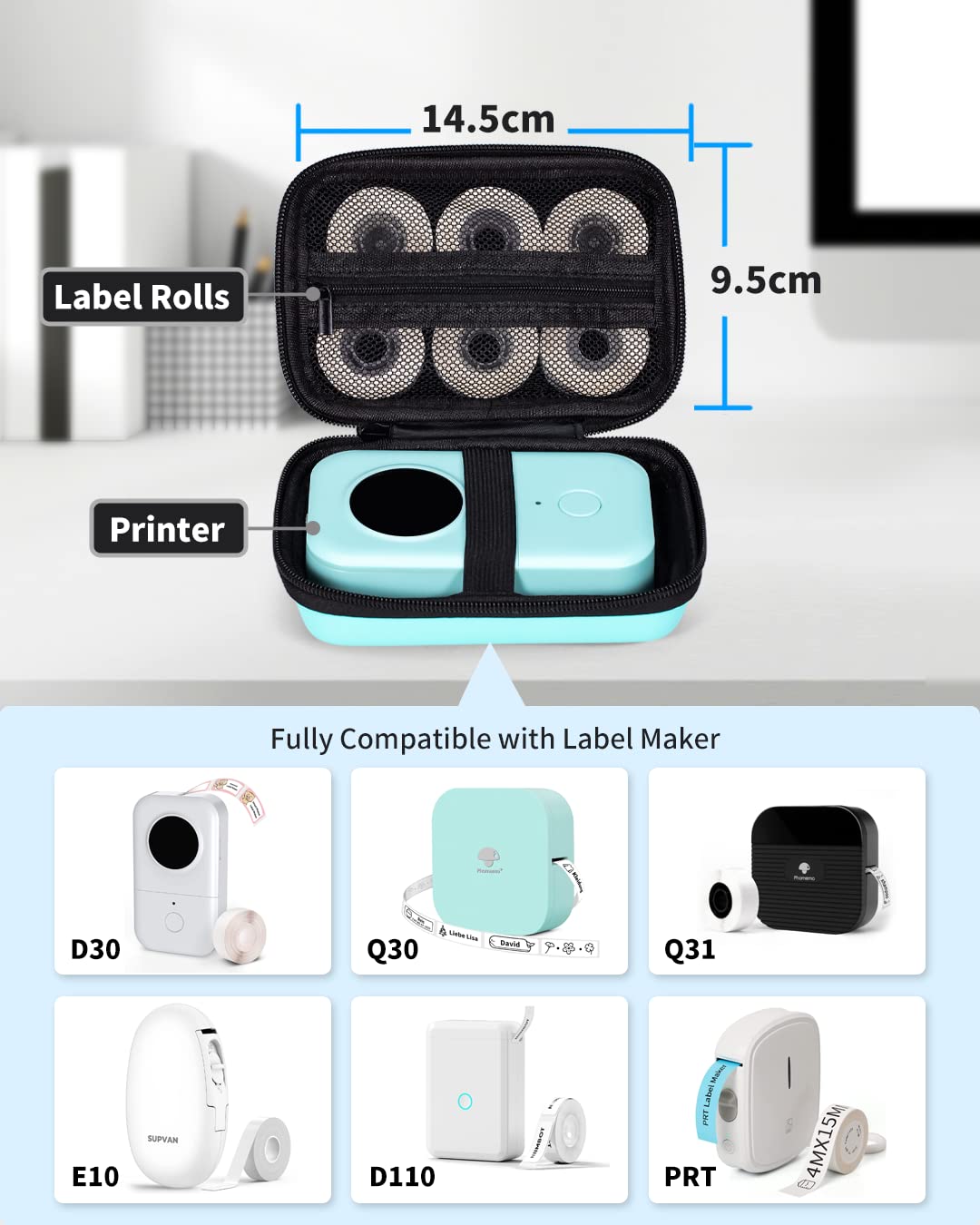 Memoking T02 Hard Storage Case - Compatible with Phomemo D30, SUPVAN E10, NIIMBOT D11, JADENS D110 and More, with Zipper Mesh Pocket, Waterproof Shockproof Case, Green (Only Case)