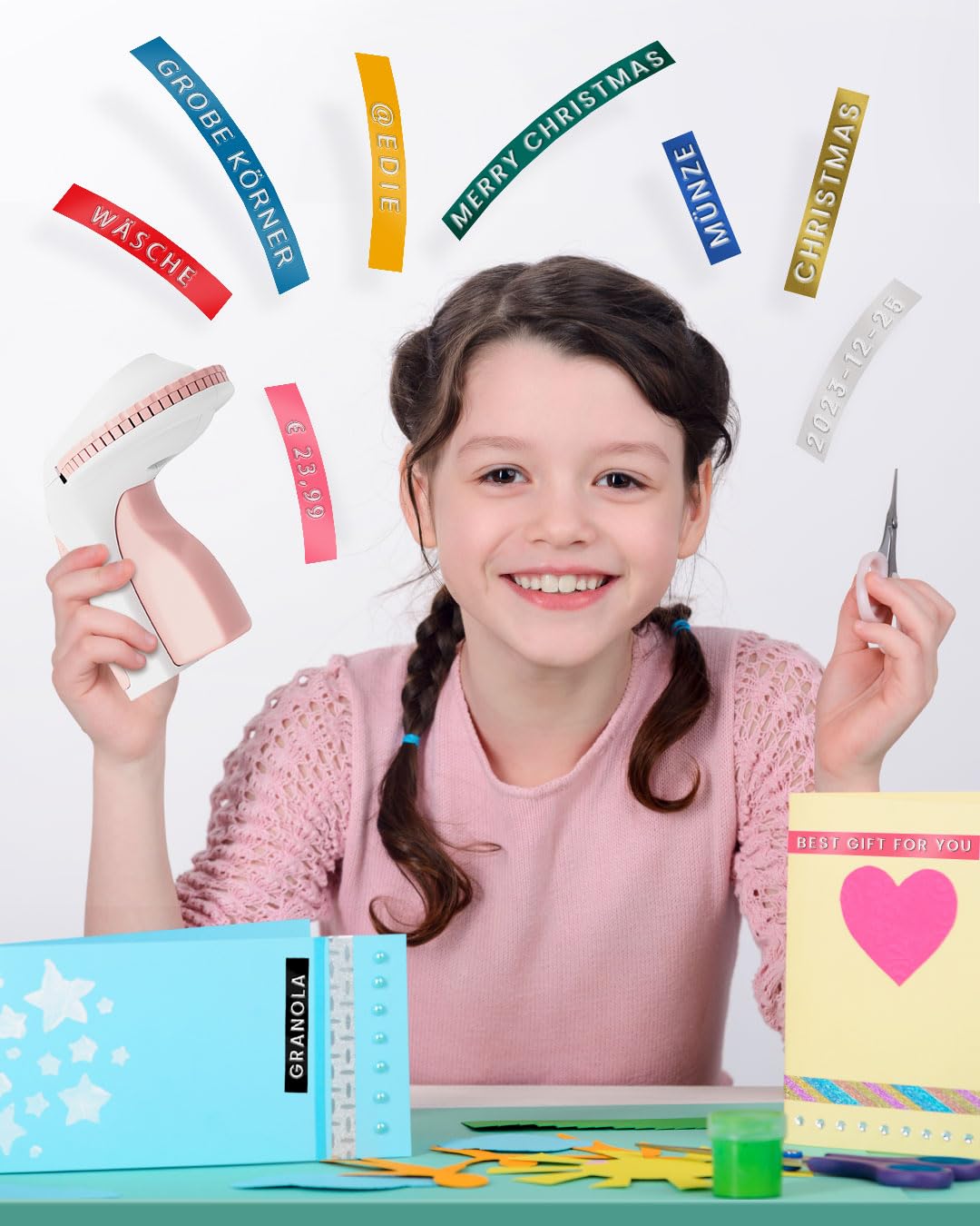 Memoking Etiqueteuse de Gaufrage avec 6 Rubans d'étiquettes,E975 3D Etiqueteuse Manuelle, Machine Etiquette Autocollantes pour la Maison, Le Bricolage et Les travaux manuels (£/€, Ä, Ö, Ü) Rose